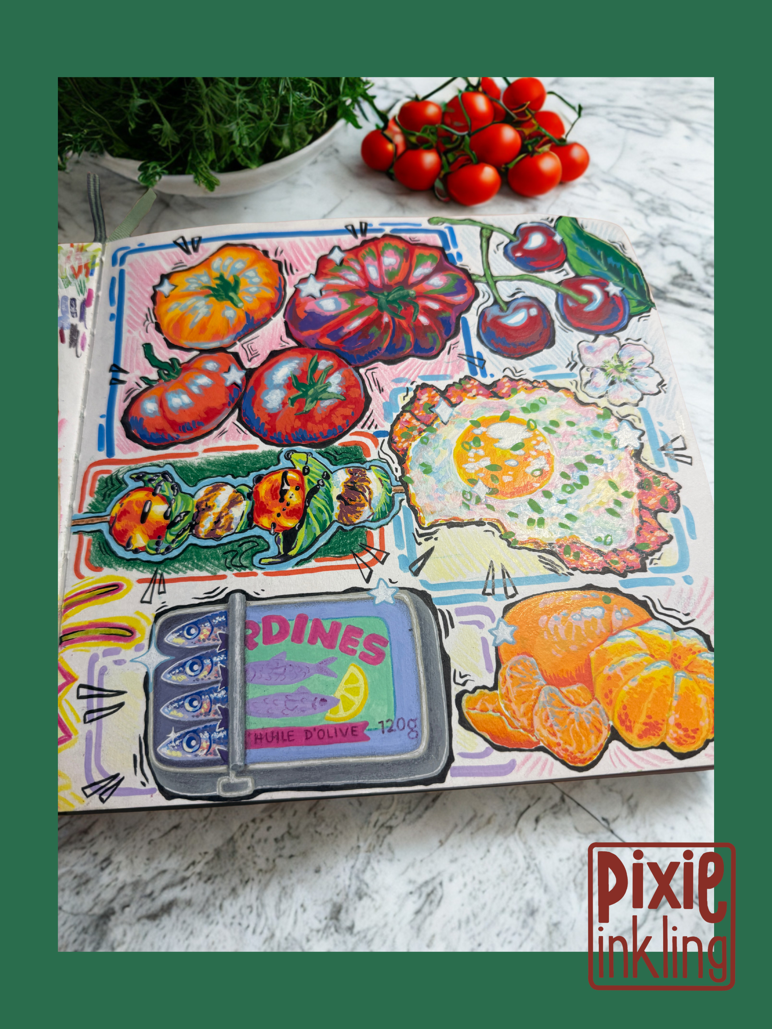 Colorful illustration with tomatoes, cherries, a fried egg, and cherry tomatoes with herbs, alongside a tin of sardines, an orange, with a bunch of cherries.