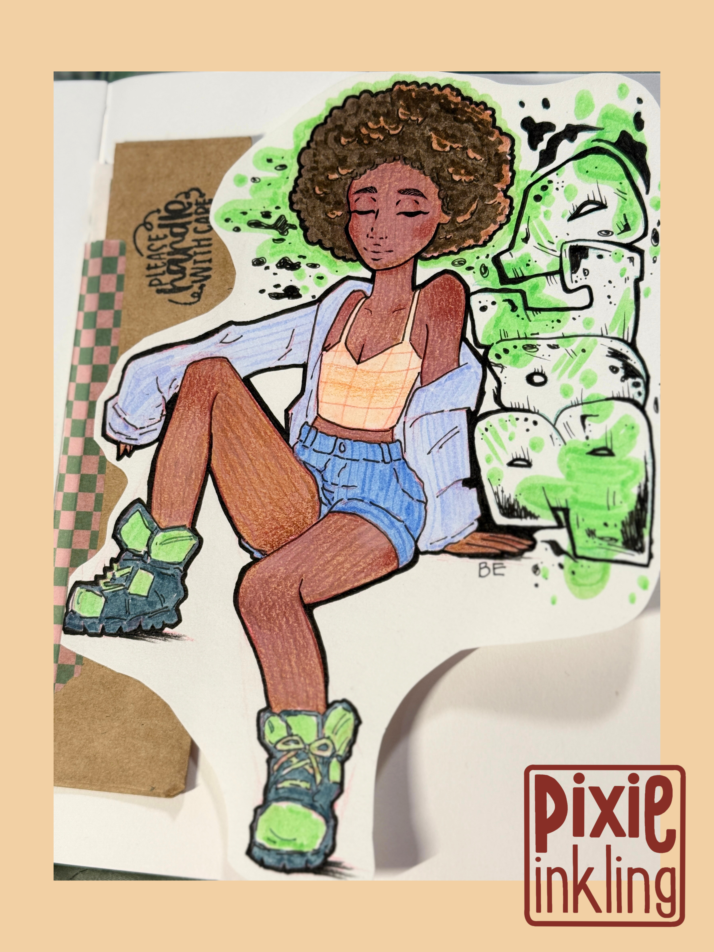 A colorful drawing of a woman with curly hair sitting with one leg raised, wearing a yellow top, denim shorts, green and black sneakers, and a blue jacket. Behind her is a green, black, and white abstract design. 