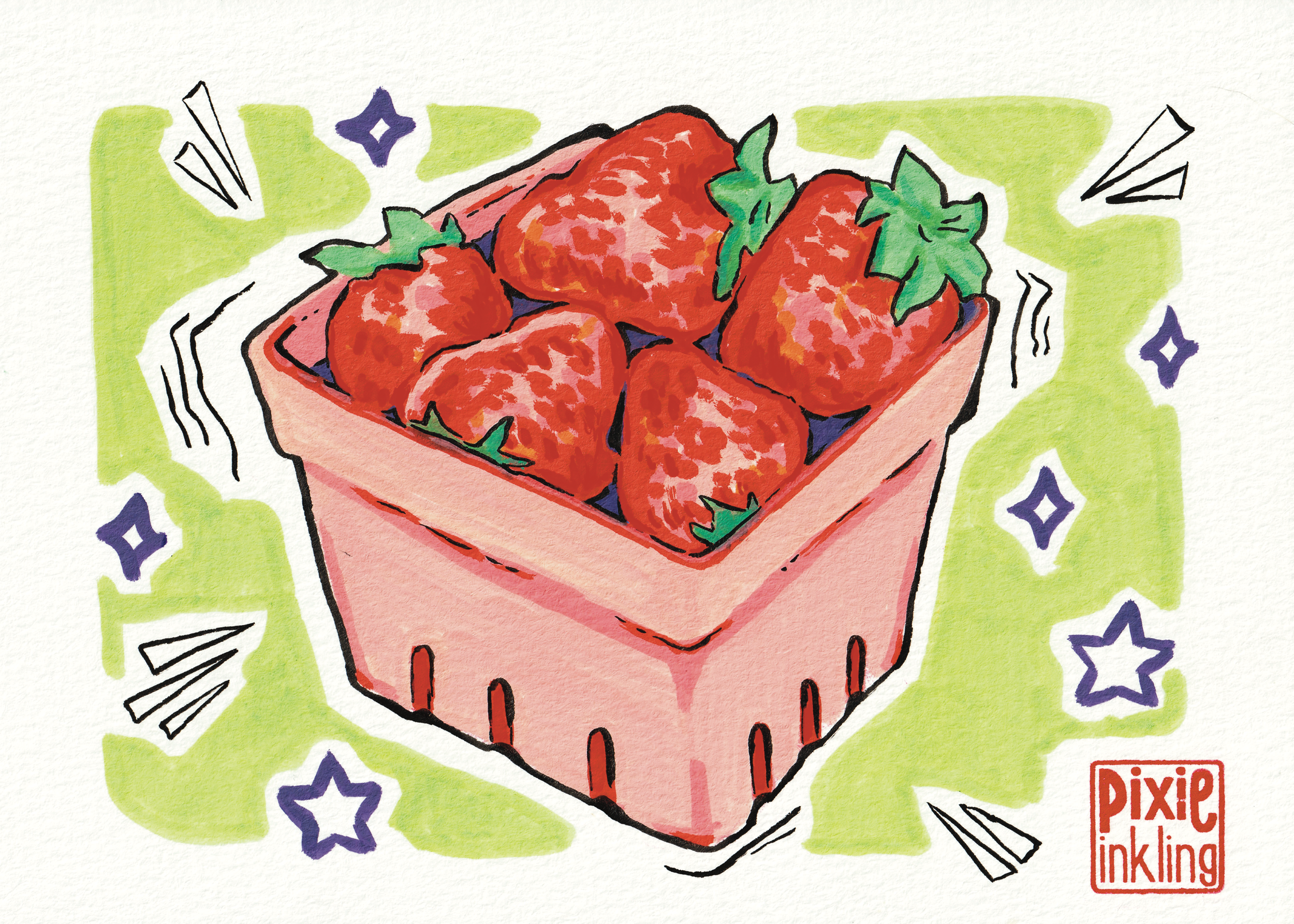 Vibrant Strawberry Basket Original Painting - 5x7