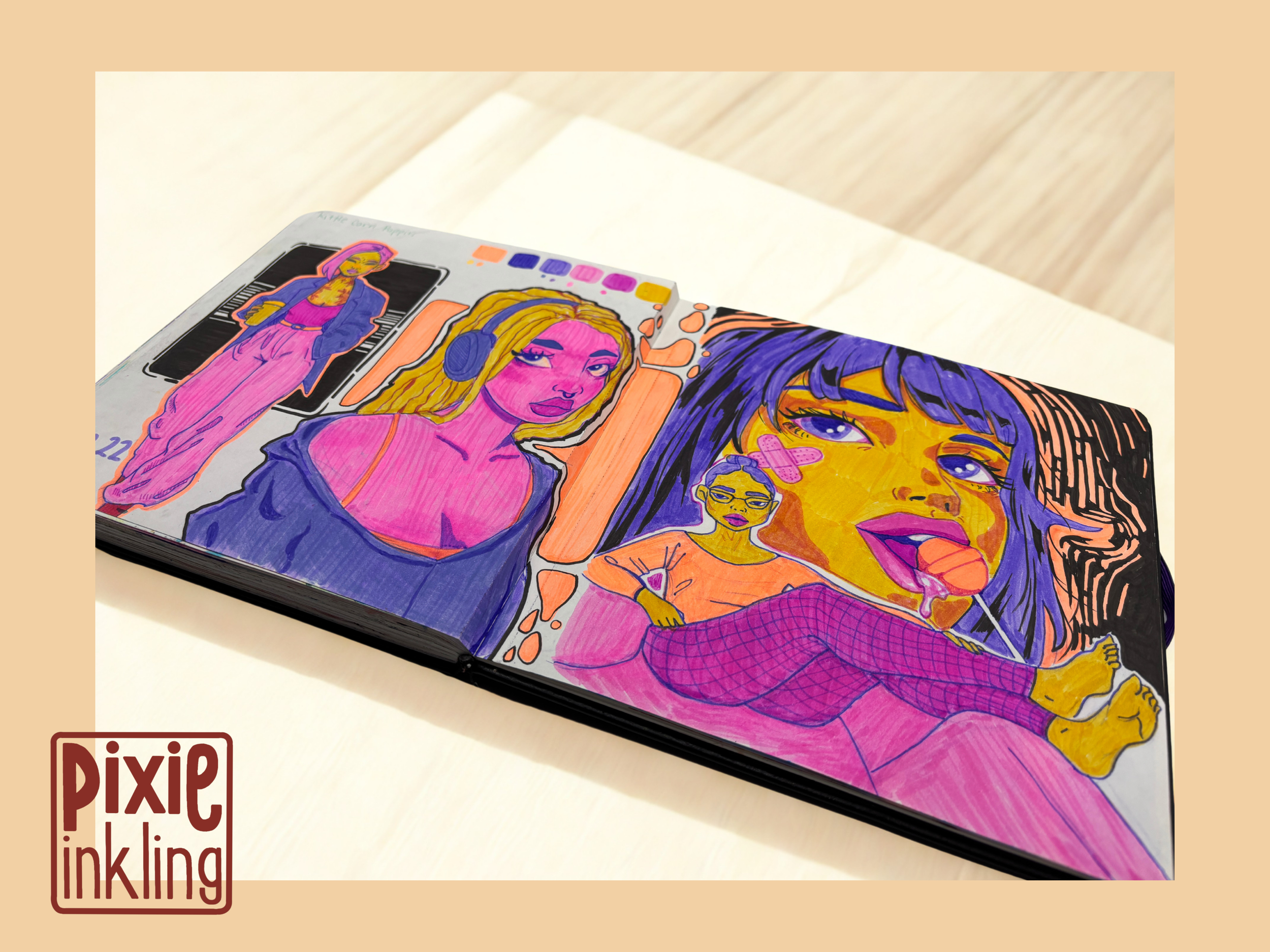 A colorful illustration of three women, one with purple hair and headphones, a woman with blond hair, and a woman with long dark hair, all in expressive styles, on a page of a sketchbook or art journal.