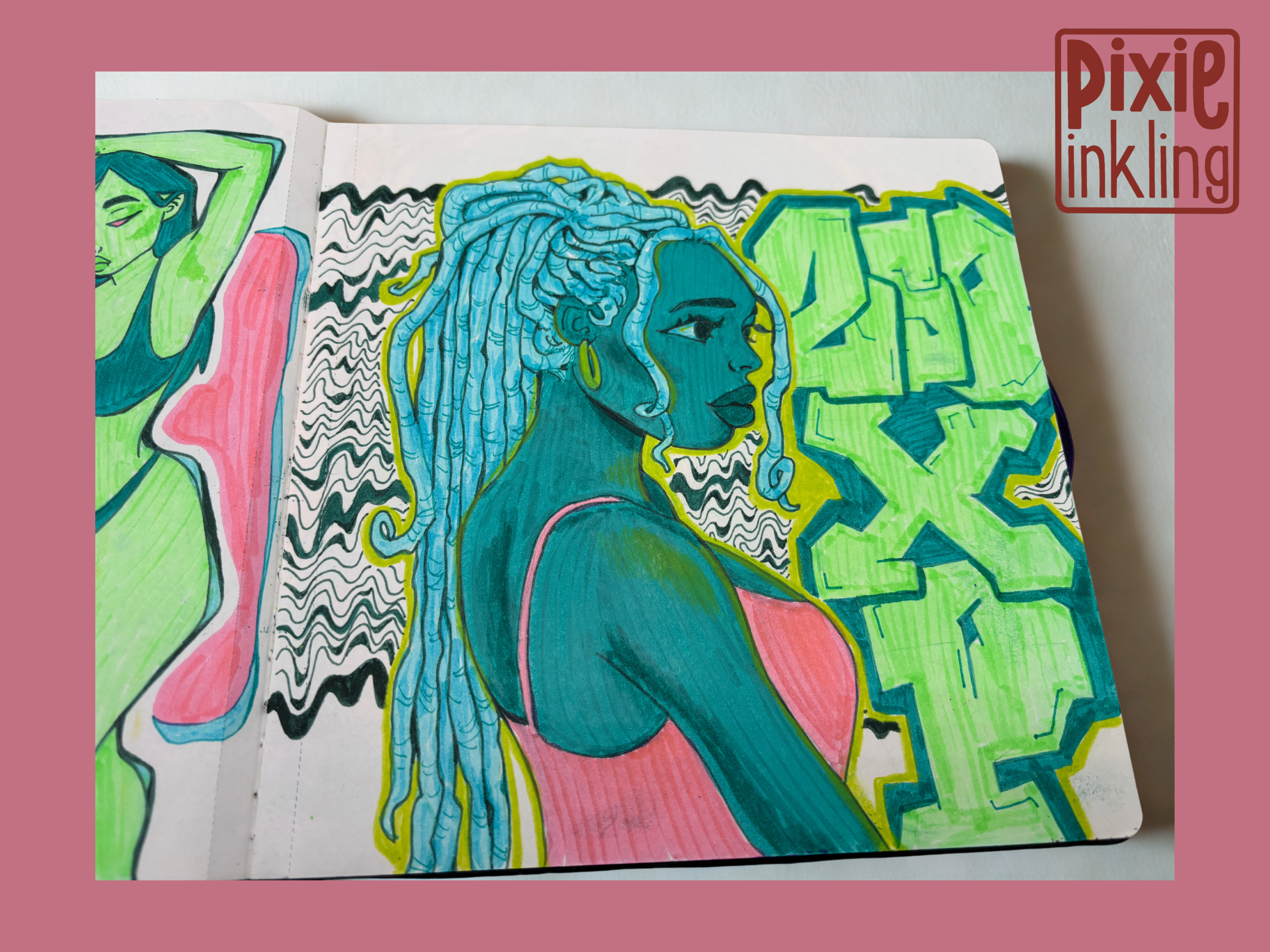 Colorful drawing of a woman with curly dreaded hair, wearing earrings, surrounded by abstract shapes and patterns in bright colors.