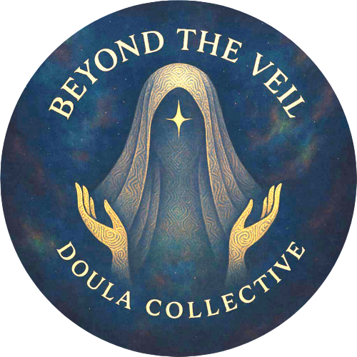 A circular design featuring a cloaked figure with hands raised, a single star-shaped light on the face, set against a cosmic background. The text reads, 'Beyond The Veil Doula Collective.'