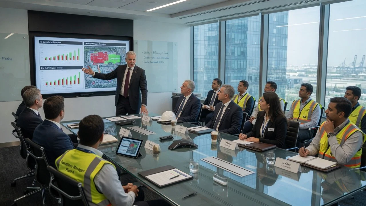 Horizon Consulting executive delivering command-level operational leadership training to industrial site managers in a modern boardroom.