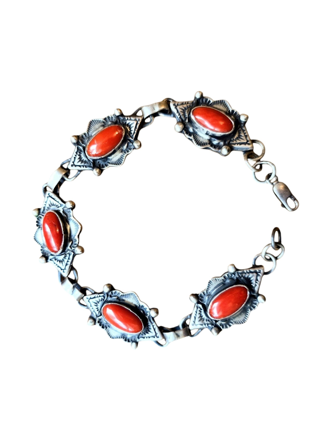 Navajo Mediterranean Coral Five-Stone Sterling Silver Link Bracelet