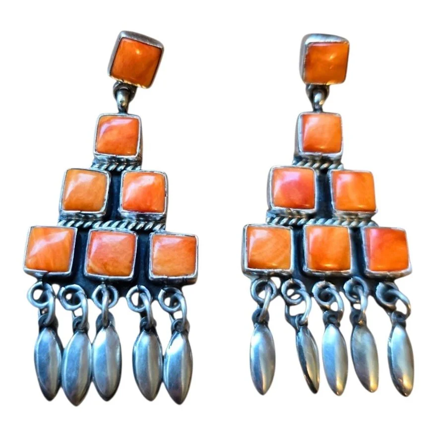 Navajo Orange Spiny Oyster Sterling Silver Chandelier Earrings