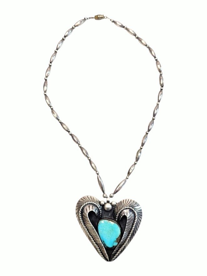Navajo Water-Web Kingman Turquoise Heart Necklace — Artist Unknown