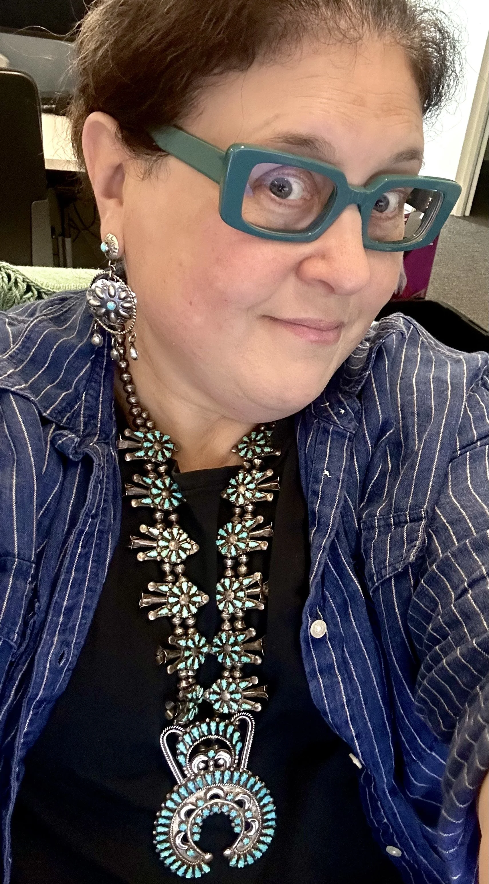 Wearing stupendous vintage Zuni, artist unknown