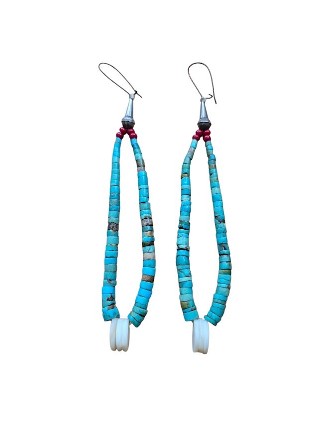 Vintage 1950s Kewa Santo Domingo Turquoise & Mother of Pearl Heishi Earrings