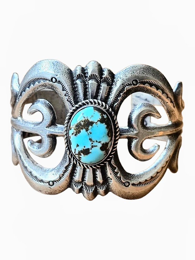 Eugene Mitchell Navajo Turquoise Sandcast & Stamped Silver Cuff