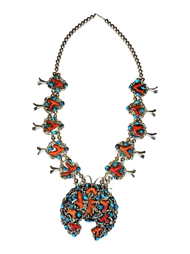 Navajo Mediterranean Coral & Morenci Turquoise Sterling Silver Squash Blossom Necklace — Artist Unknown, c. 1990s