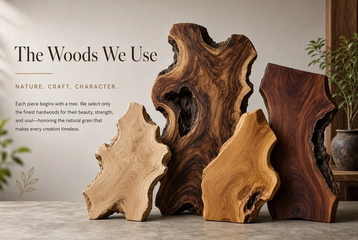 The Woods We Use — Solid hardwoods including Suar/Monkeypod, Mindi, Teak, and Mahogany. Timeless craftsmanship made to endure.