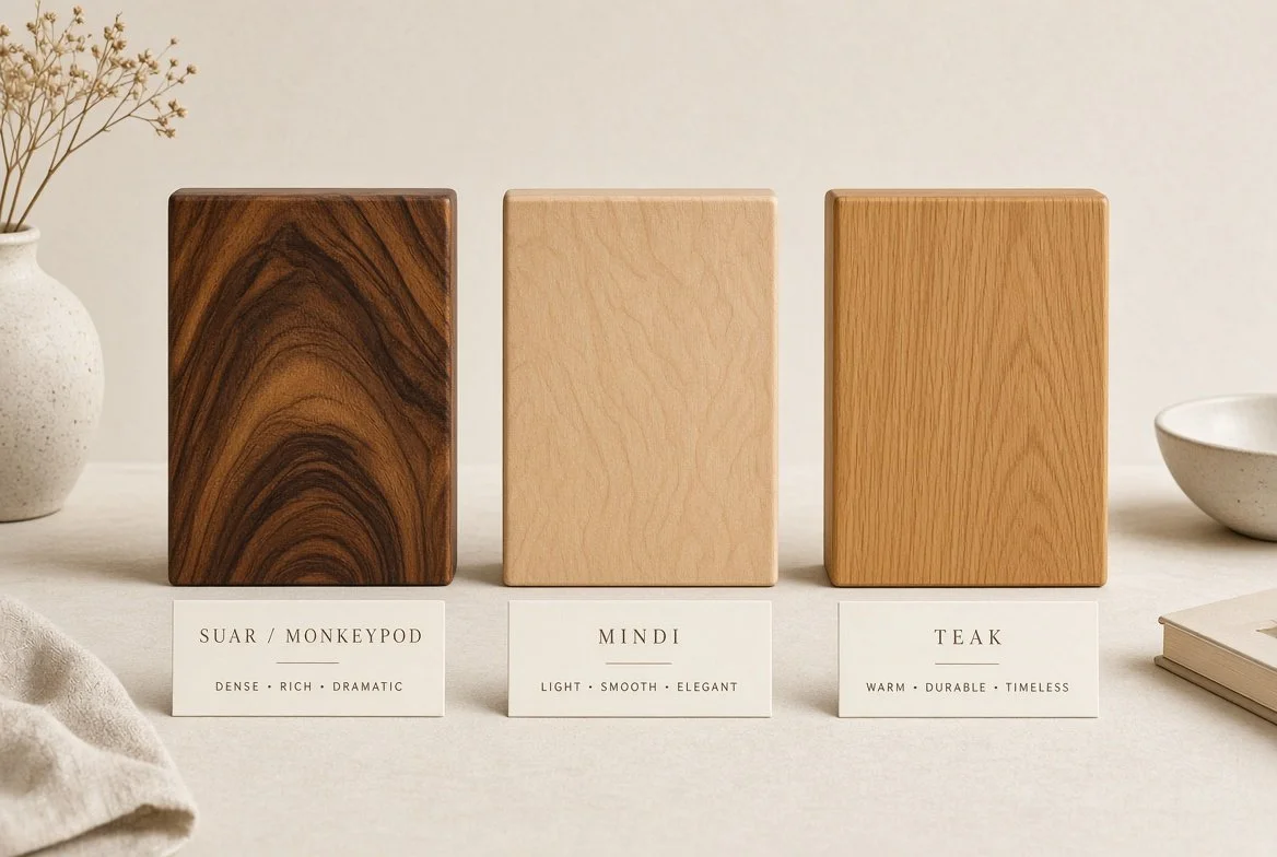 Side-by-side comparison of the three primary woods used by Destino Trading: Suar/Monkeypod (dark & bold grain), Mindi (light & refined), and Teak (warm & durable). Accurate naming ensures you know exactly what solid hardwood you are purchasing.