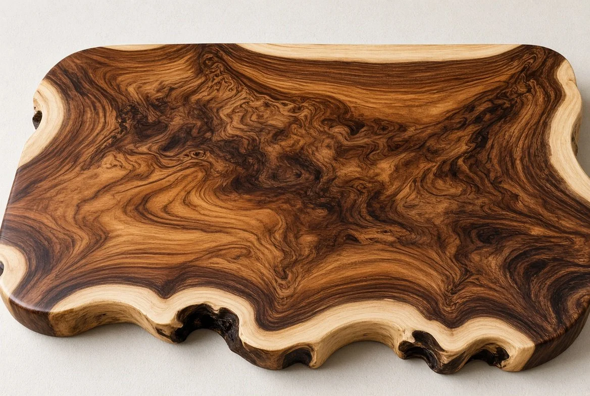 Solid Suar (Monkeypod) live-edge slab showing dramatic interlocked grain, rich golden-to-chocolate heartwood, and contrasting lighter sapwood. This is the same species sold under the names Monkeypod, Rain Tree, and Trembesi.