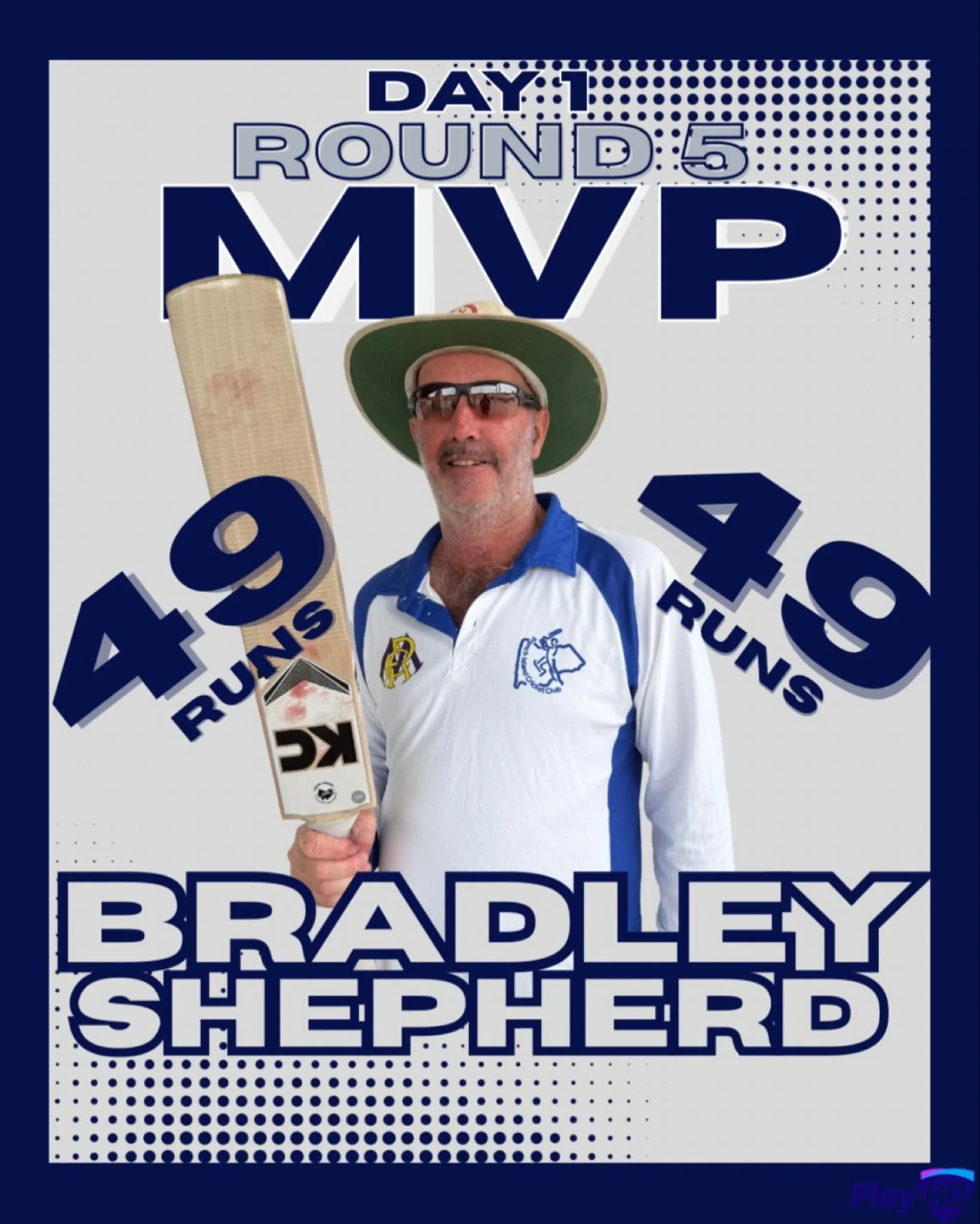 🏆 ROUND 5- DAY 1 MVP- BRADLEY SHEPHERD

A true masterclass in patience and grit!
Brad dug in when it mattered most, grinding out 49 runs off 160 balls, spending 185 minutes at the crease and keeping the innings glued together.

With 4 well-timed fou