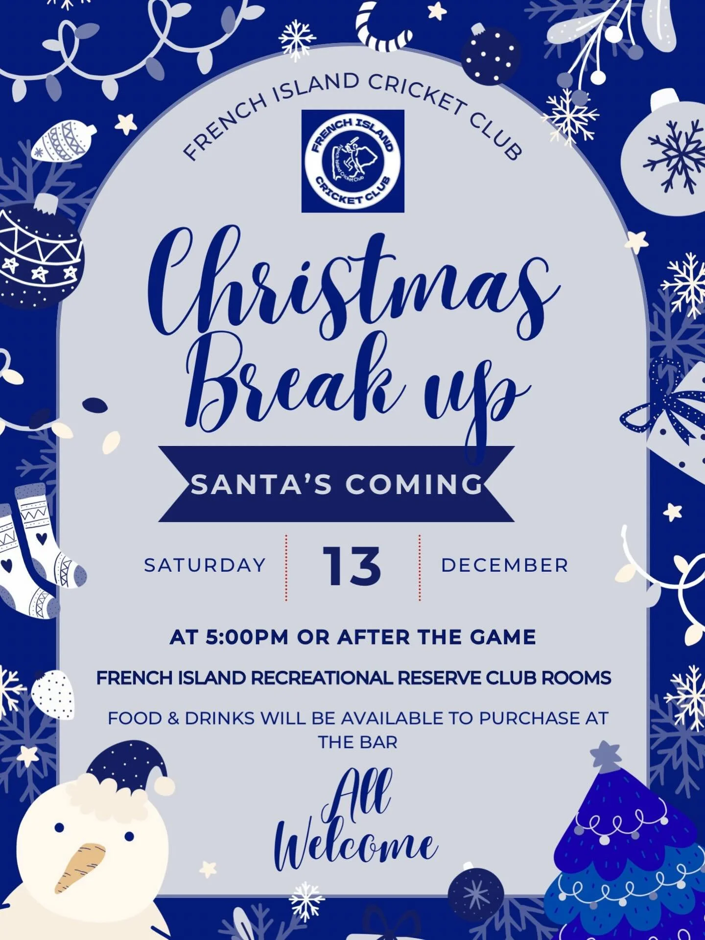 🎄 FICC Christmas Break Up &ndash; Saturday 13 December! 🎄

Join us from 5pm (or after the game) at the club rooms for our end-of-year celebration.
🎅 Santa&rsquo;s coming!
🍔 Food &amp; drinks available at the bar.

All welcome! 💙🤍