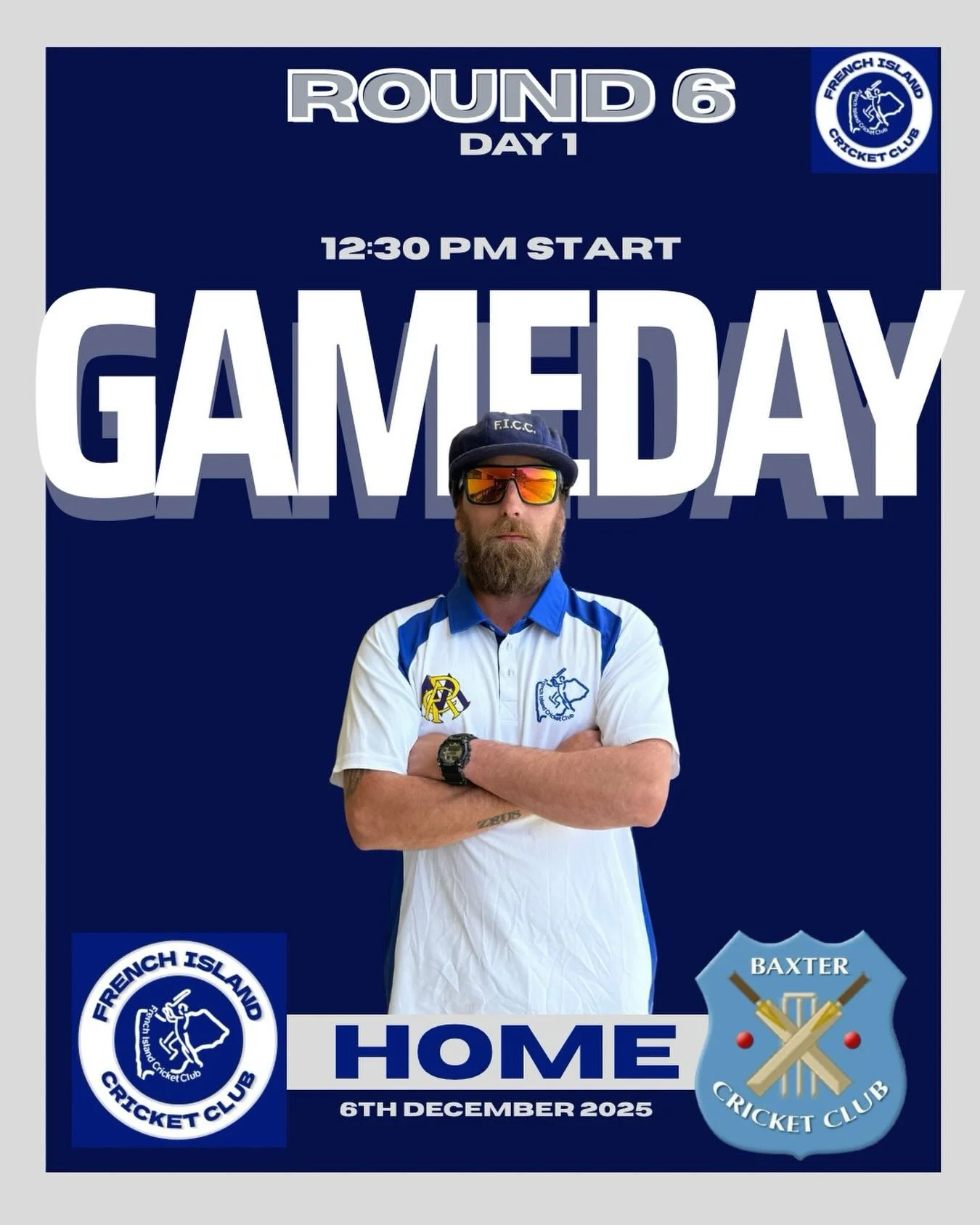 🏏 ROUND 6 &mdash;Day 1 

Baxter are heading over and we&rsquo;re set for a cracking start to the two-dayer.
12:30pm first ball 
the lads are locked in and ready to make a statement at home.

Back the Island, back the blue and white.
Up the FICC! 💙?