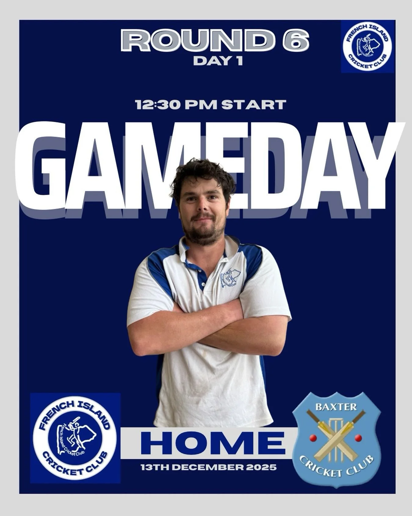 Game Day-Round 6 

After last week was washed out by rain, Round 6 is now a one-day game as we take on Baxter CC.

🕧 12:30pm start
📍 French Island

Let&rsquo;s make the most of it and get stuck in 💪🔵⚪