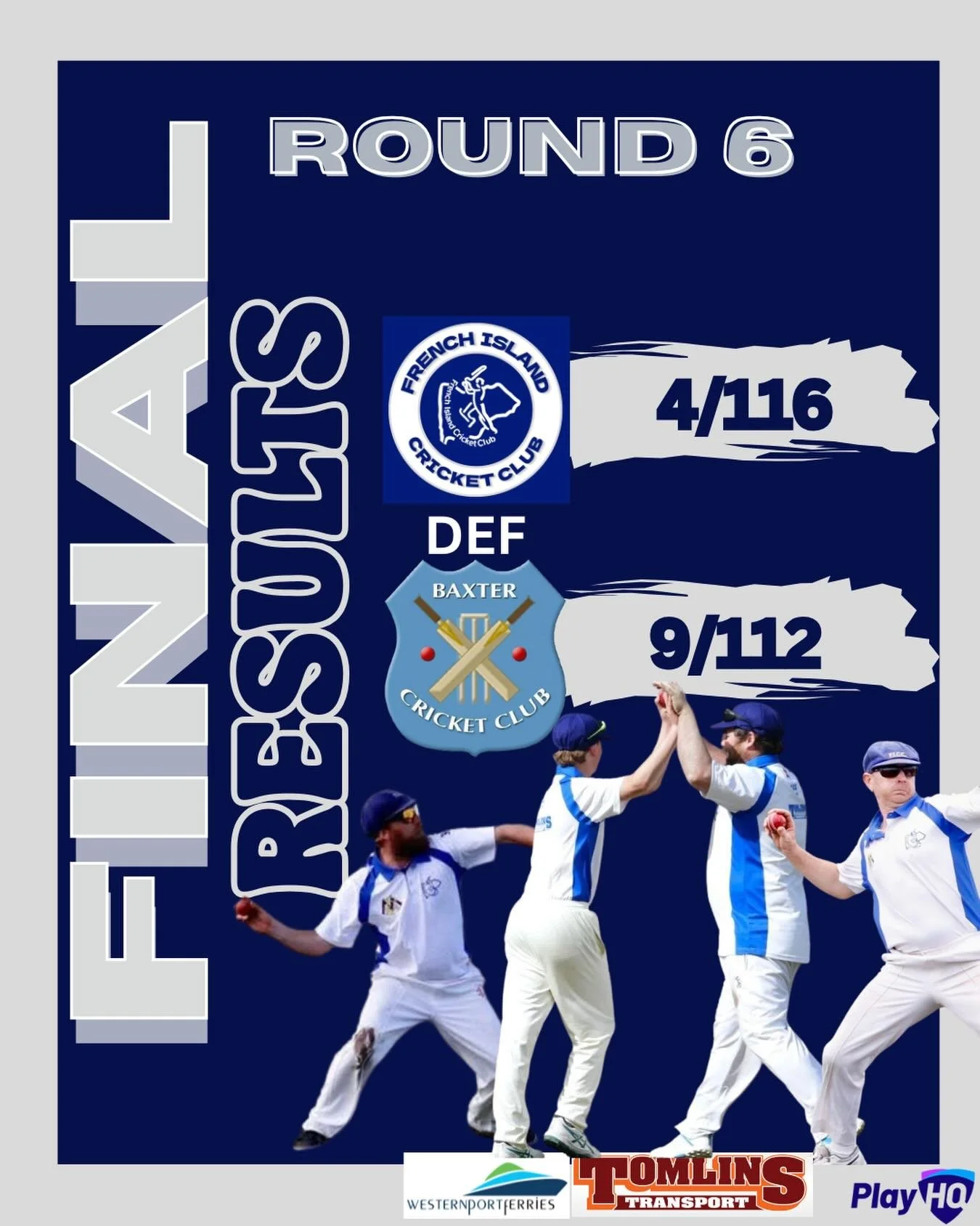 ROUND 6 - FINAL RESULT 🏏

A strong home win for French Island, built on a complete team performance.

Bowling first, it was tight bowling across the board, with everyone playing their role to restrict Baxter to 112 from 40 overs a true all-round tea