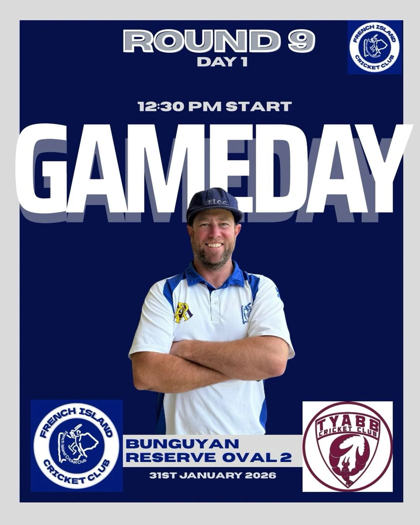 GAMEDAY &ndash; ROUND 9 🏏

It&rsquo;s one-day action as we take on Tyabb Cricket Club.
A big opportunity to put in a strong team performance and bring the intensity

Come down and support the boys 🔵⚪️🔵