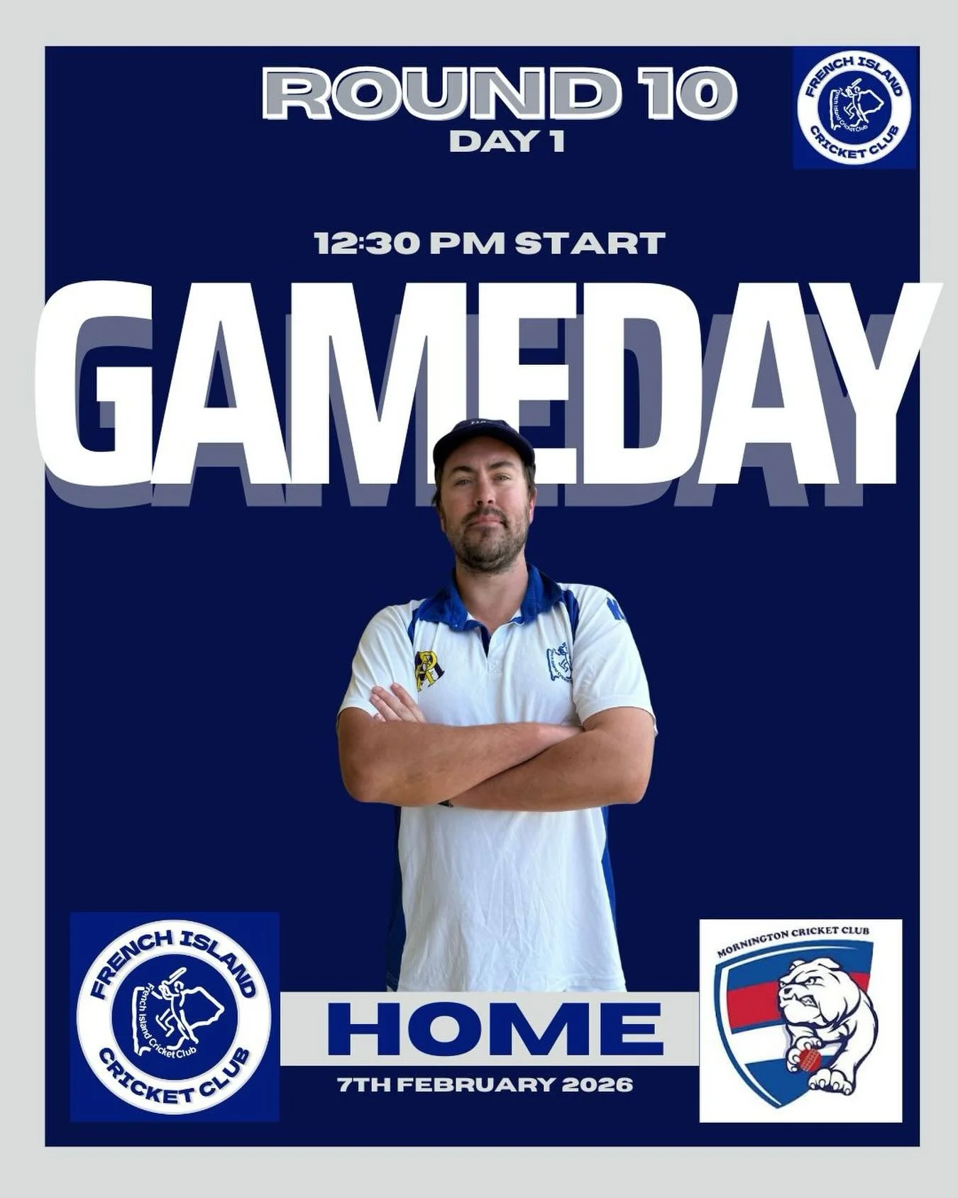 🏏 GAME DAY &ndash; ROUND 10 | DAY 1 🏏

We&rsquo;re back at home today for Day 1 of Round 10 as French Island take on Mornington CC.

🕧 12:30pm start
⛴️ Ferry leaves Stony Point at 12:00pm

Big day ahead as the boys look to set the tone early and b