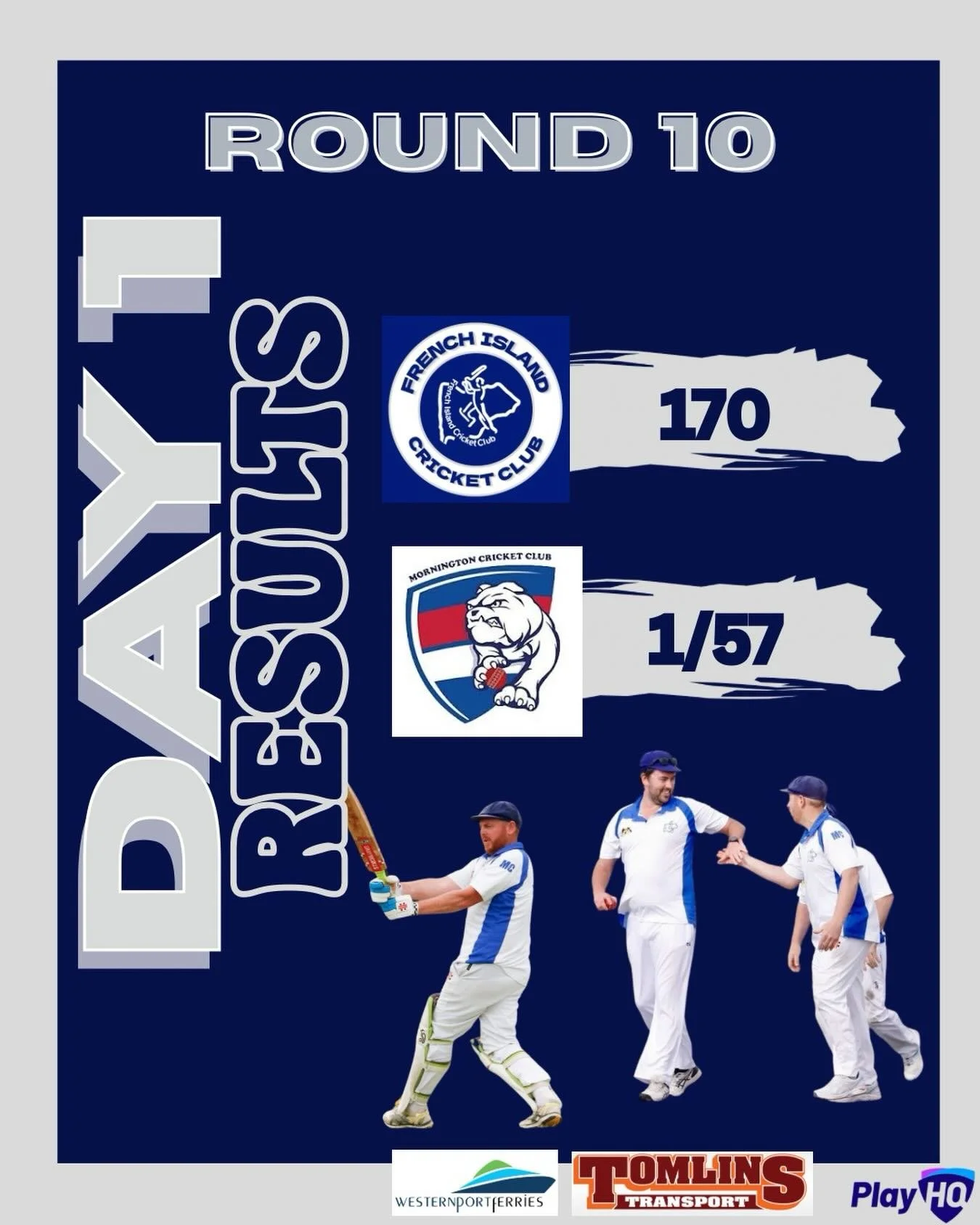 DAY 1 RESULT &ndash; ROUND 10 🏏

French Island CC batted first and were bowled out for 170, built on some really solid partnerships that held the innings together.

Mornington had a short stint late in the day and will resume next Saturday at 1/57.
