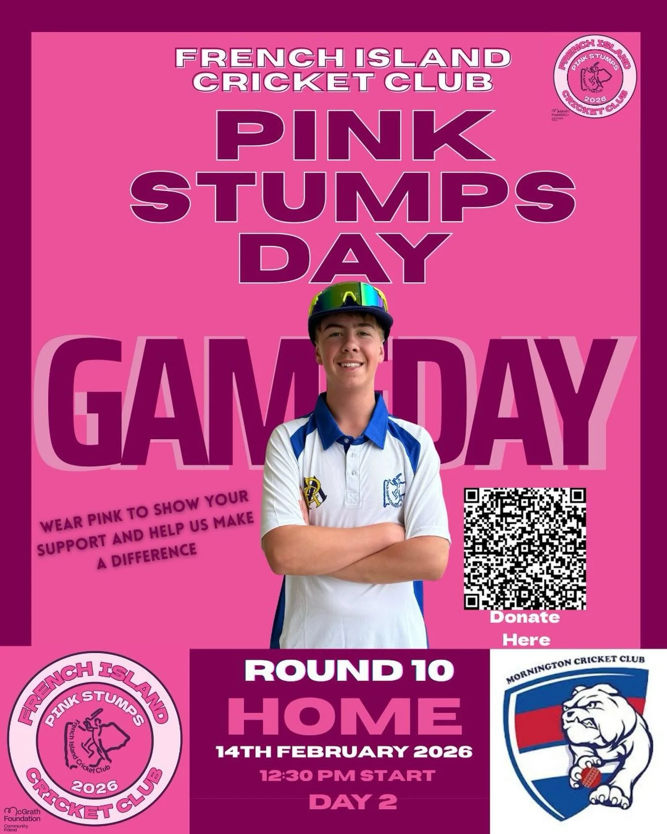 💗 GAME DAY &ndash; PINK STUMPS DAY 💗

Today is more than just cricket for French Island Cricket Club &mdash; it&rsquo;s our annual Pink Stumps Day proudly supporting the McGrath Foundation.

We&rsquo;re back home for Day 2 of Round 10 as we take on