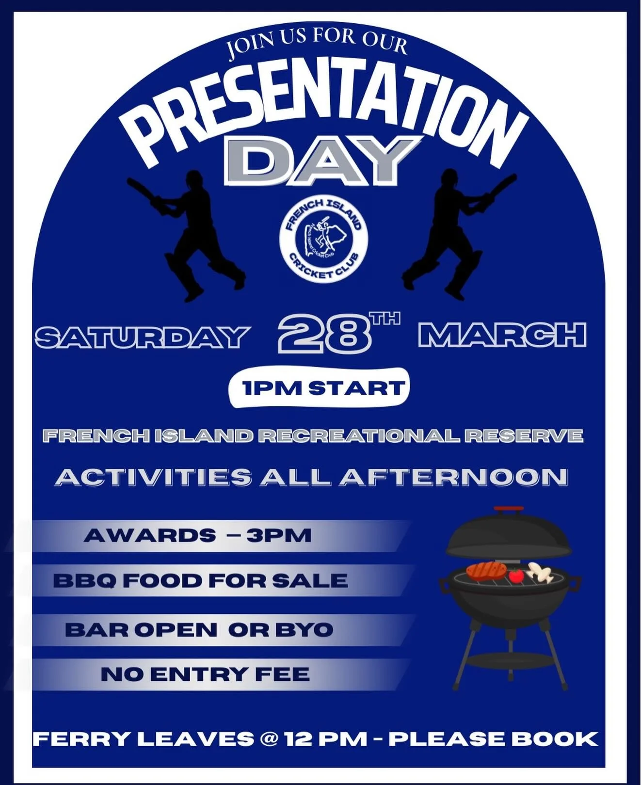 French Island Cricket Club Presentation Day 🏏

Join us as we celebrate the end of another fantastic season at our Presentation Day!

Saturday 28th March
1:00 PM Start
French Island Recreational Reserve

Bring the family down for a great afternoon at