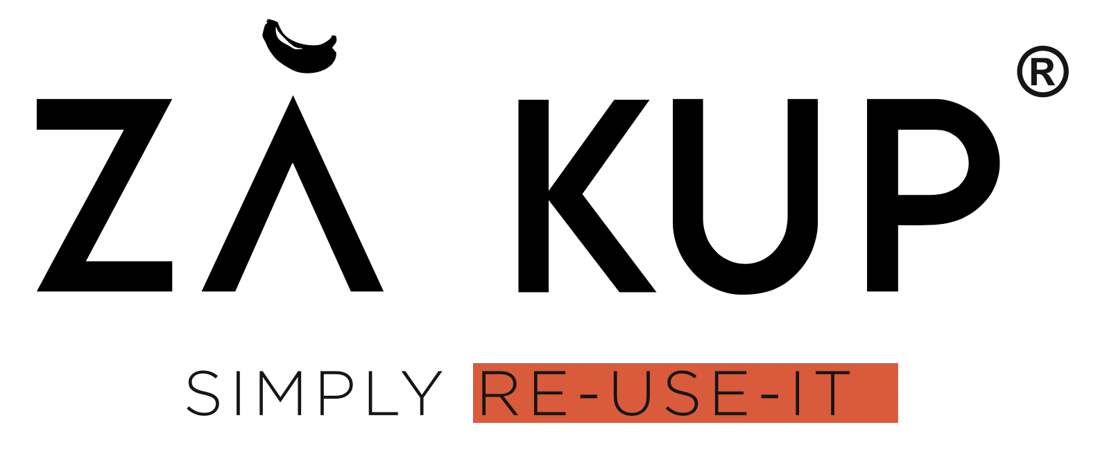 ZÄ KUP logo with a banana icon above the letter 'A', and the words 'SIMPLY RE-USE-IT' underneath, with 'RE-USE-IT' highlighted in red.