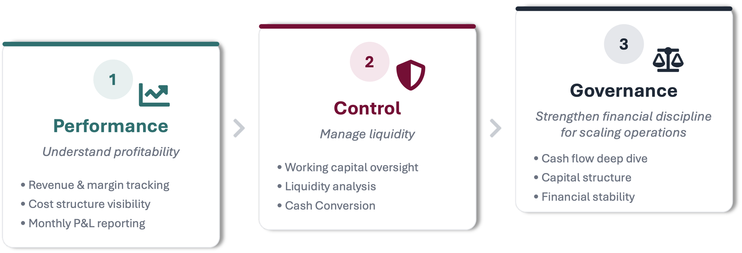 An infographic outlining three financial management components: Performance, Control, and Governance. Performance focuses on understanding profitability and tracking revenue and margin. Control emphasizes managing liquidity with oversight and cash conversion. Governance aims to strengthen financial discipline with a deep cash flow dive, capital structure, and financial stability.
