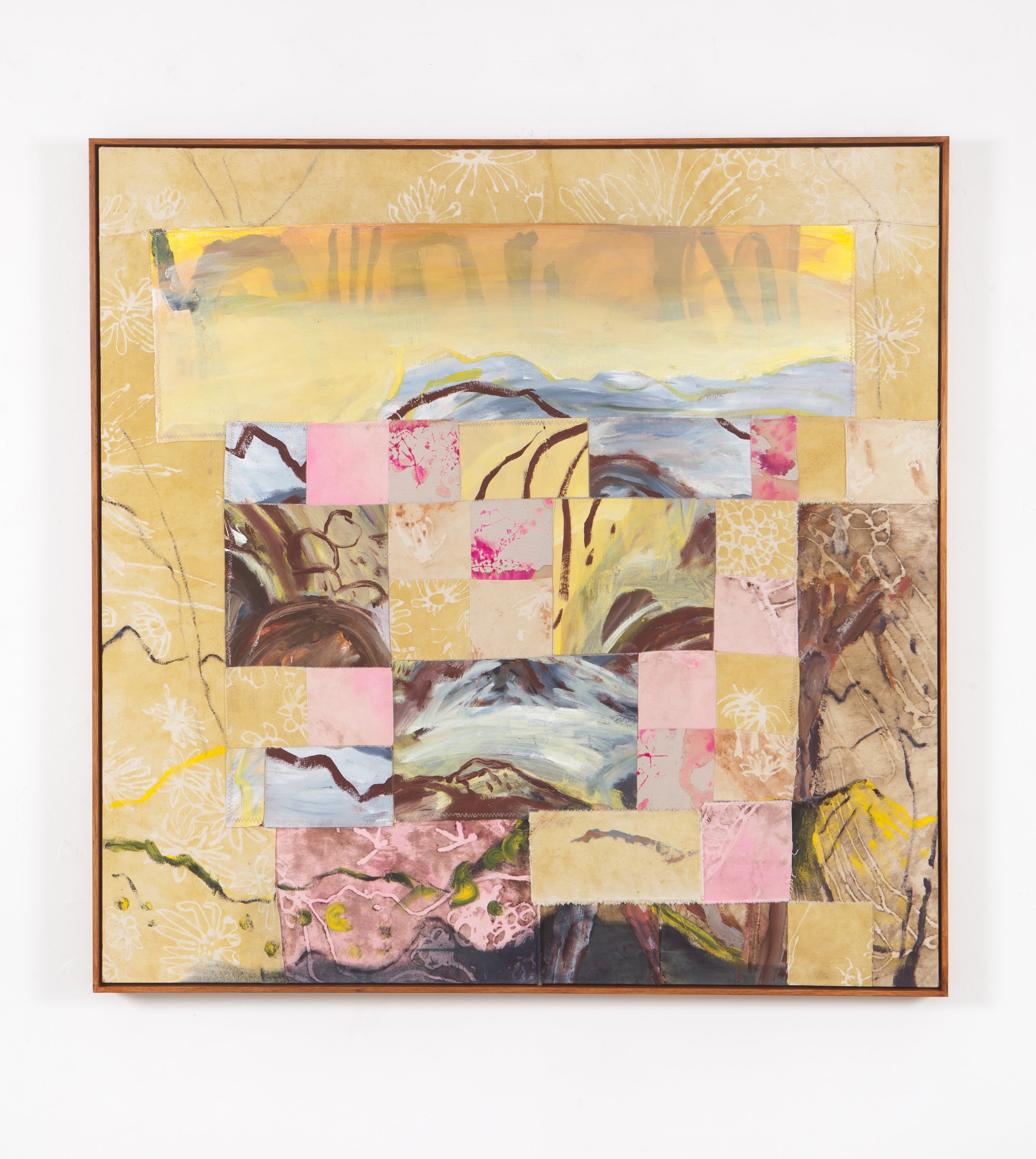 Time and trees, thread, soil stain, spray dye, botanical ink, and ground pigment painting,  112 x112cm, 2025