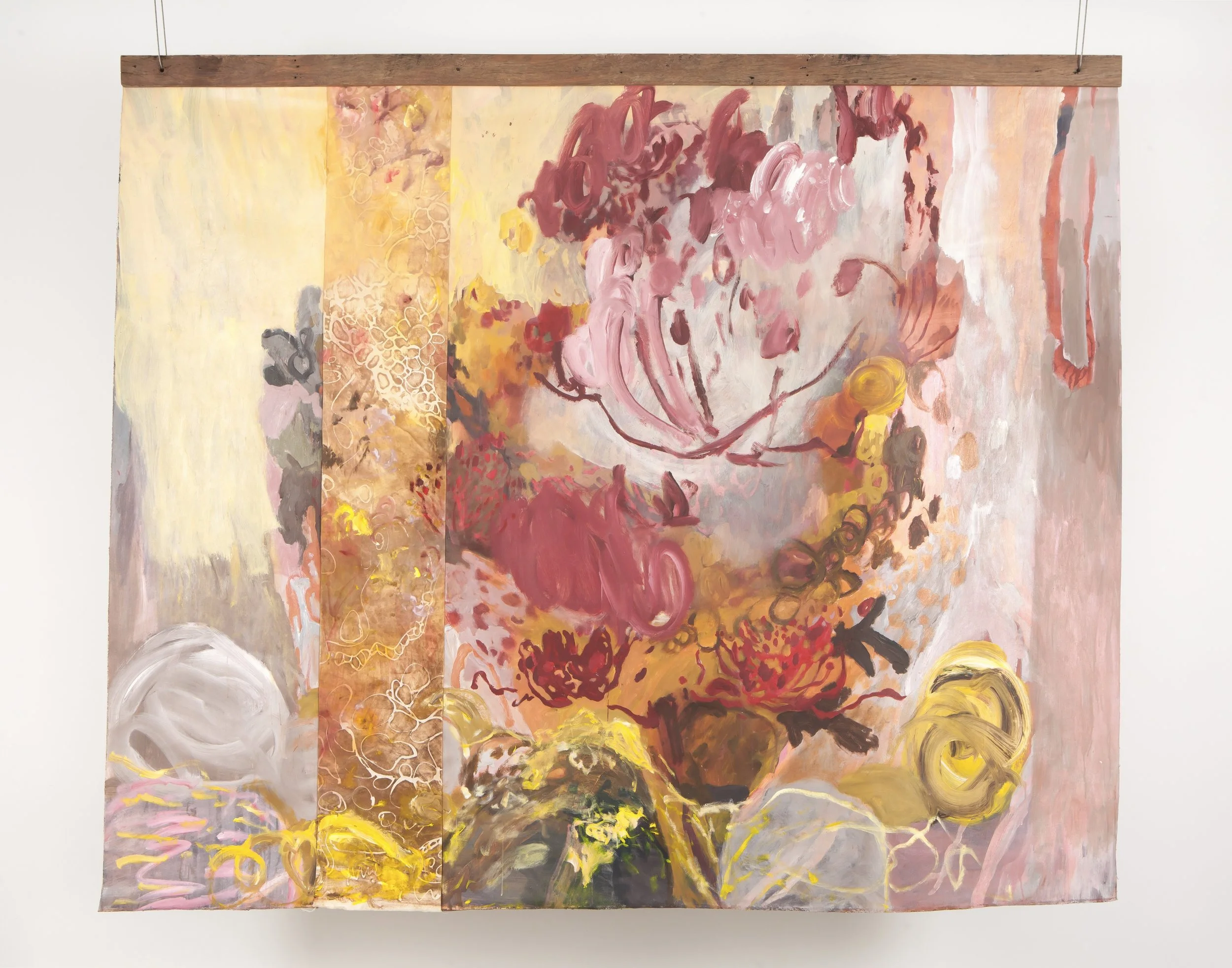 Floating QLD Waratah turned Flame Tree Season, recycled timber, acrylic, and batik earth-stained cotton on canvas, 210 x 240 cm, 2021