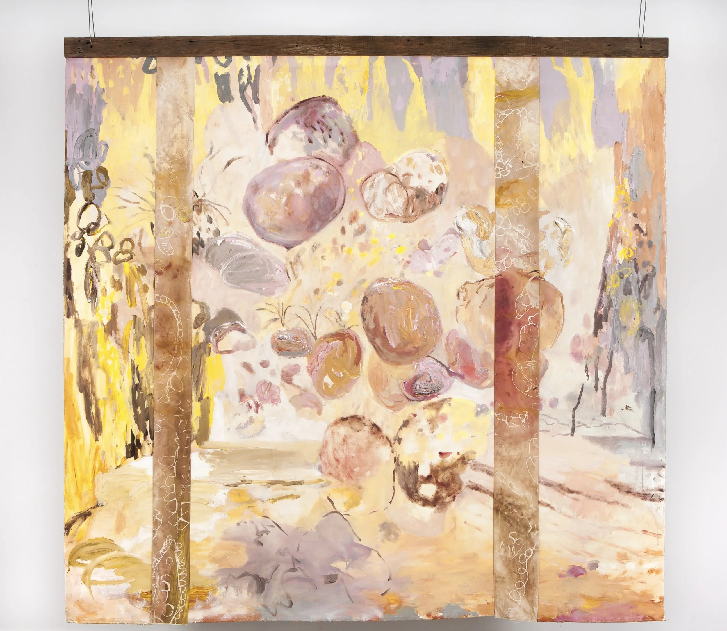 Lively Rocks Suspended in Lantana, recycled timber, acrylic, thread, and batik earth-stained cotton on canvas, 180 x 240 cm, 2021
