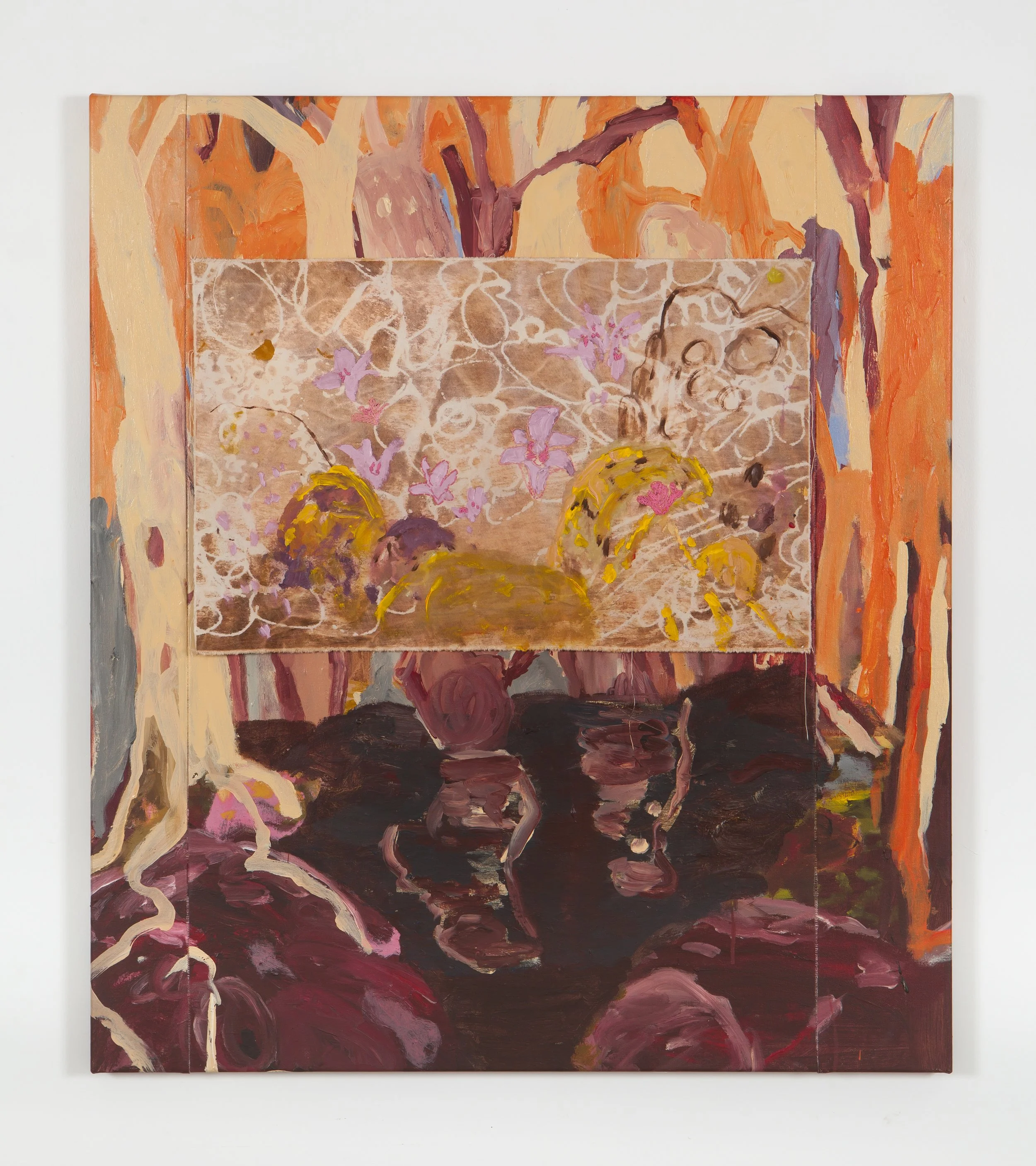 Forest Bathing for Future Solutions, acrylic, thread and earth-stained cotton on canvas, 110 x 97 cm, 2022
