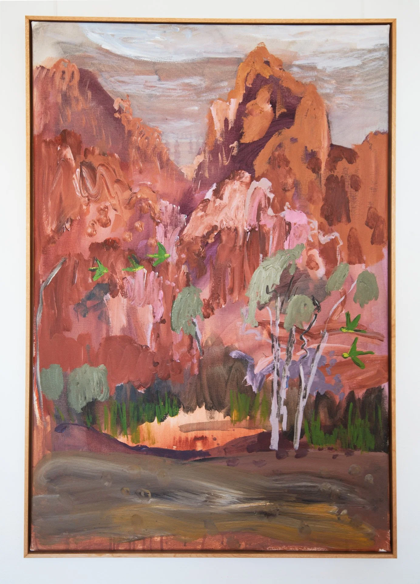 Budgies at Sunfall,  acrylic on canvas, 102 x 68cm, 2020