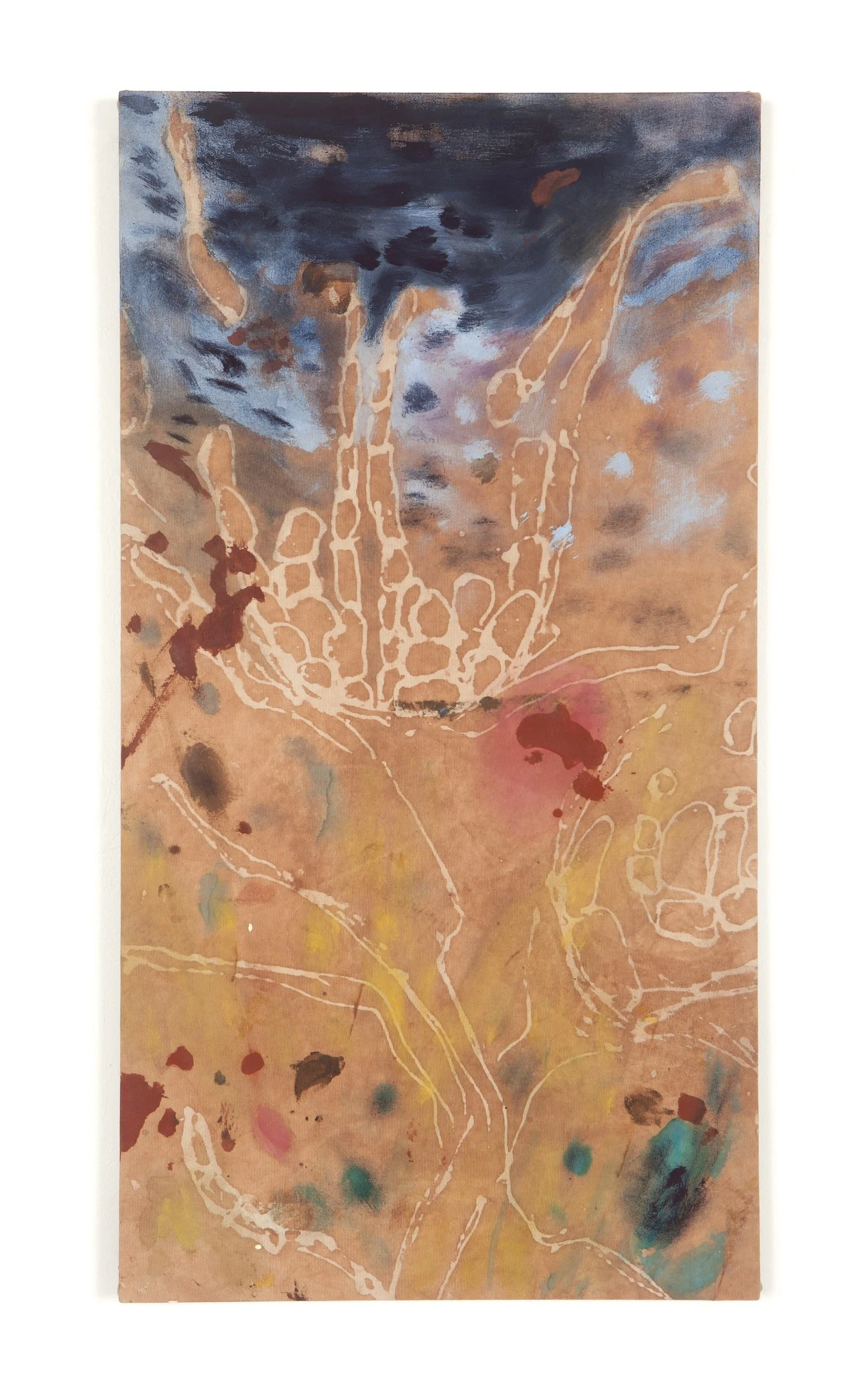 Under indigo skies, ground pigment on batik earth-stained cotton, 68 x 38 cm, 2025
