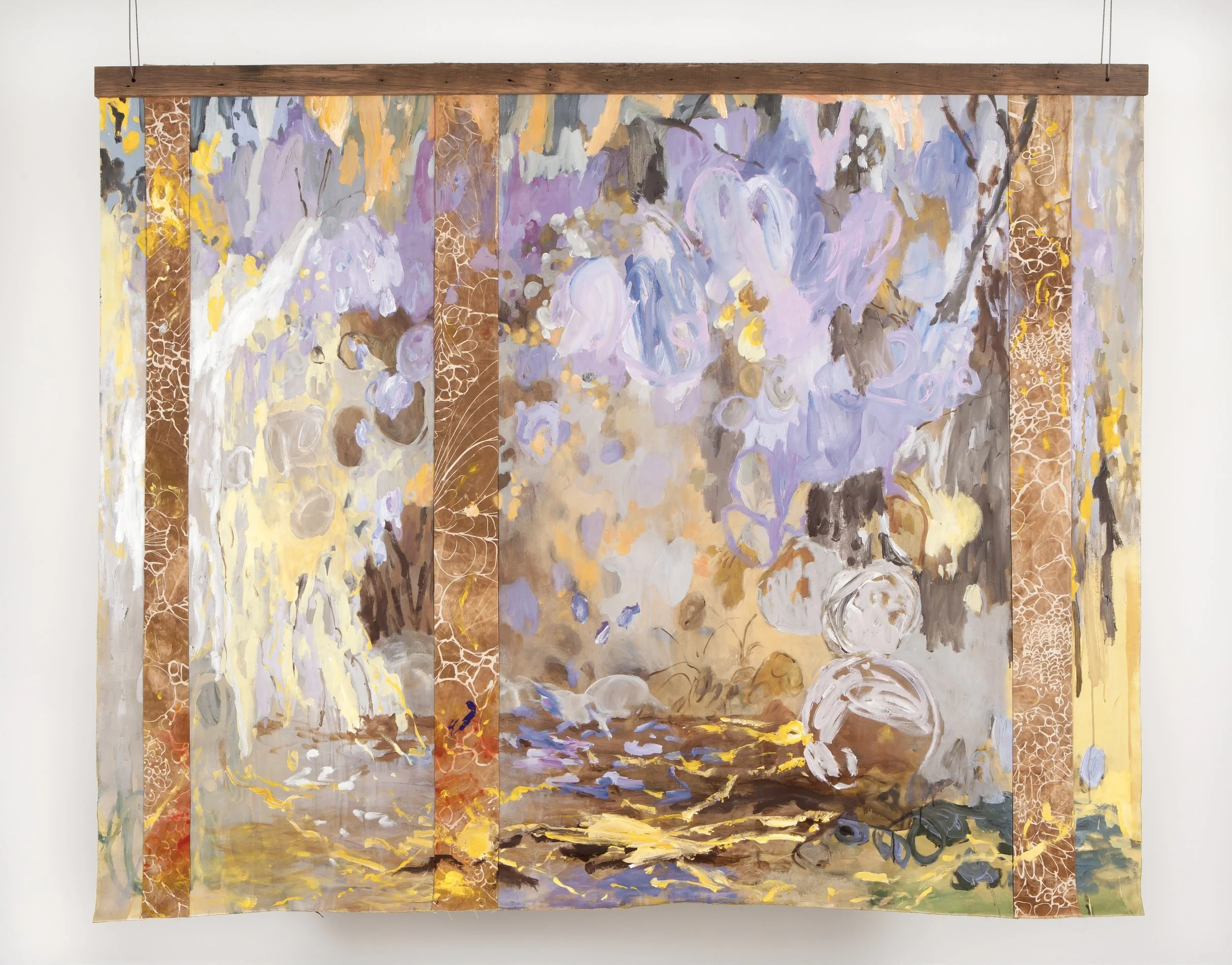 Enmeshed Beauty of Chaotic Kin, recycled timber, acrylic, thread, and batik earth-stained cotton on canvas, 200 x 250 cm, 2022
