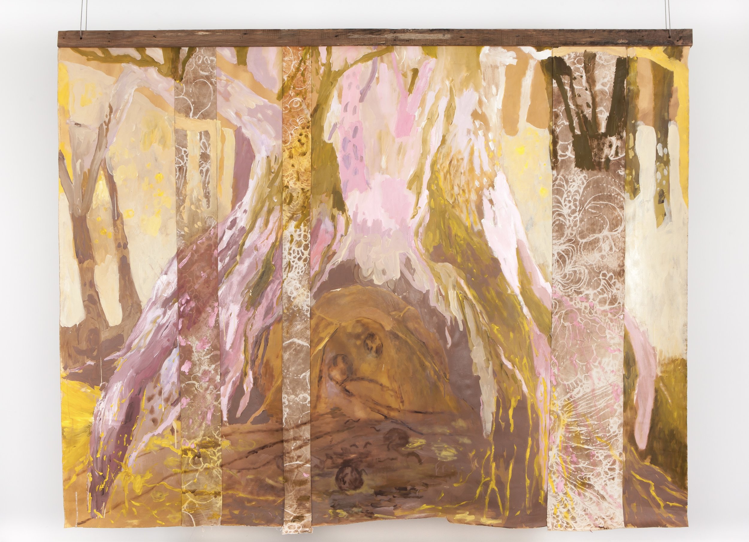 Eating Light, Becoming Soil, recycled timber, acrylic, thread, and batik earth-stained cotton on canvas, 180 x 280 cm, 2022