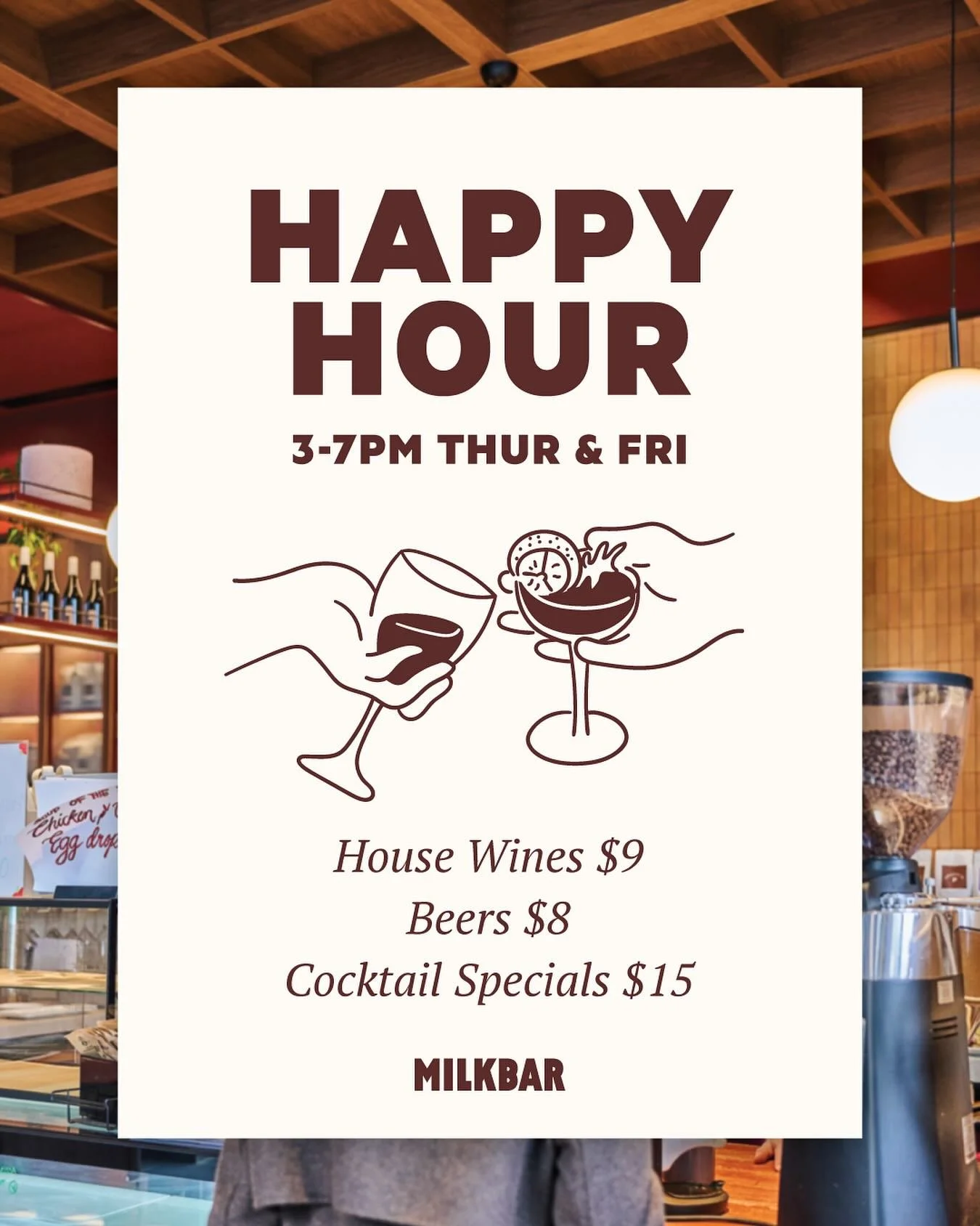 The vibes are getting dialled up a couple notches at Milkbar. Happy Hour is coming to Thursdays and Fridays starting next week! Soak up the afternoon spring sun with a cocktail (or two) at wallet-friendly prices. Running at both Docklands and Southba