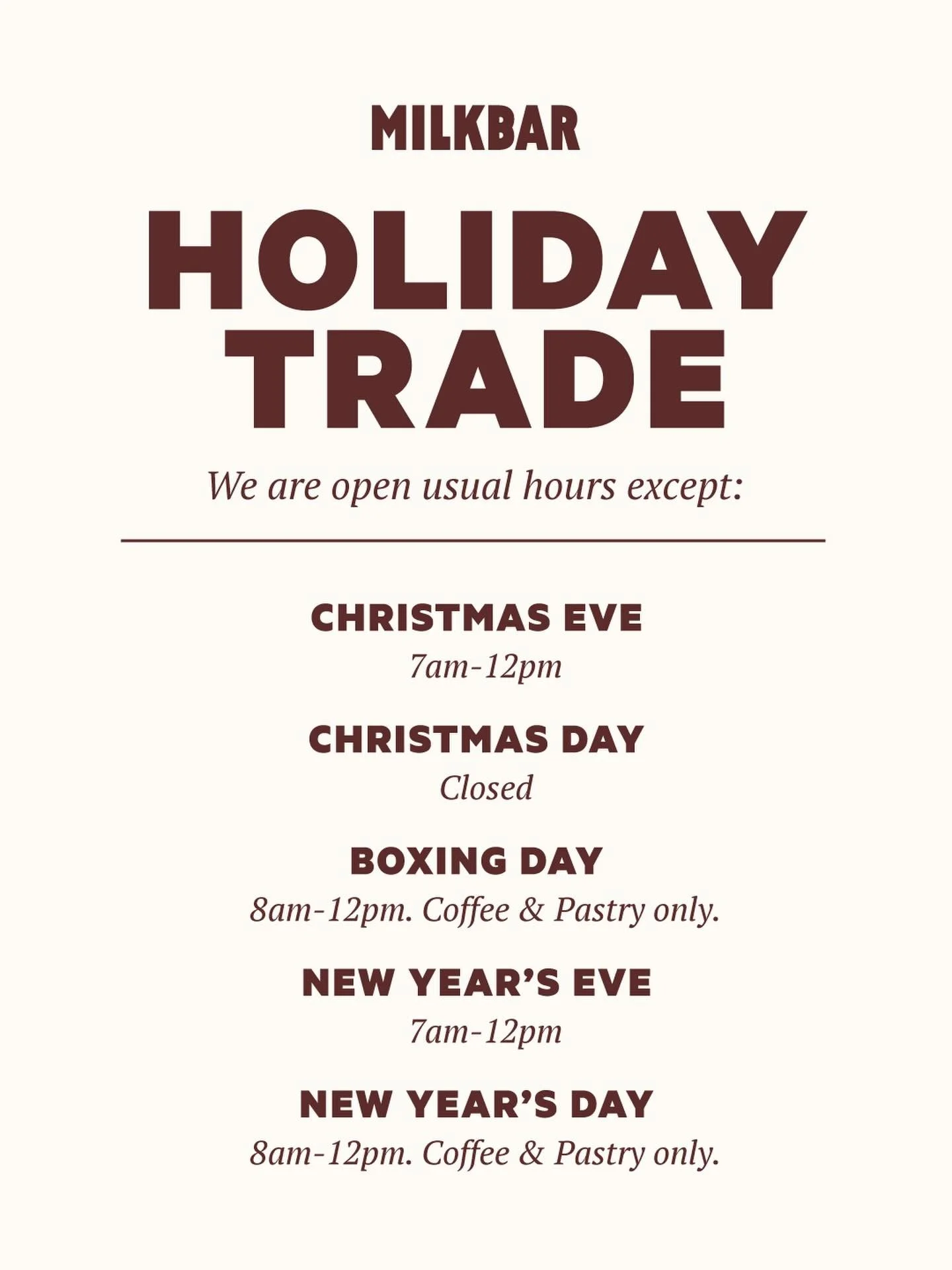 Both Docklands and Southbank will be open mostly throughout the Christmas/NY period with a few adjustments on the key days! Hopefully catch you in there for some holiday cheer (brought to you by caffeine) 😉