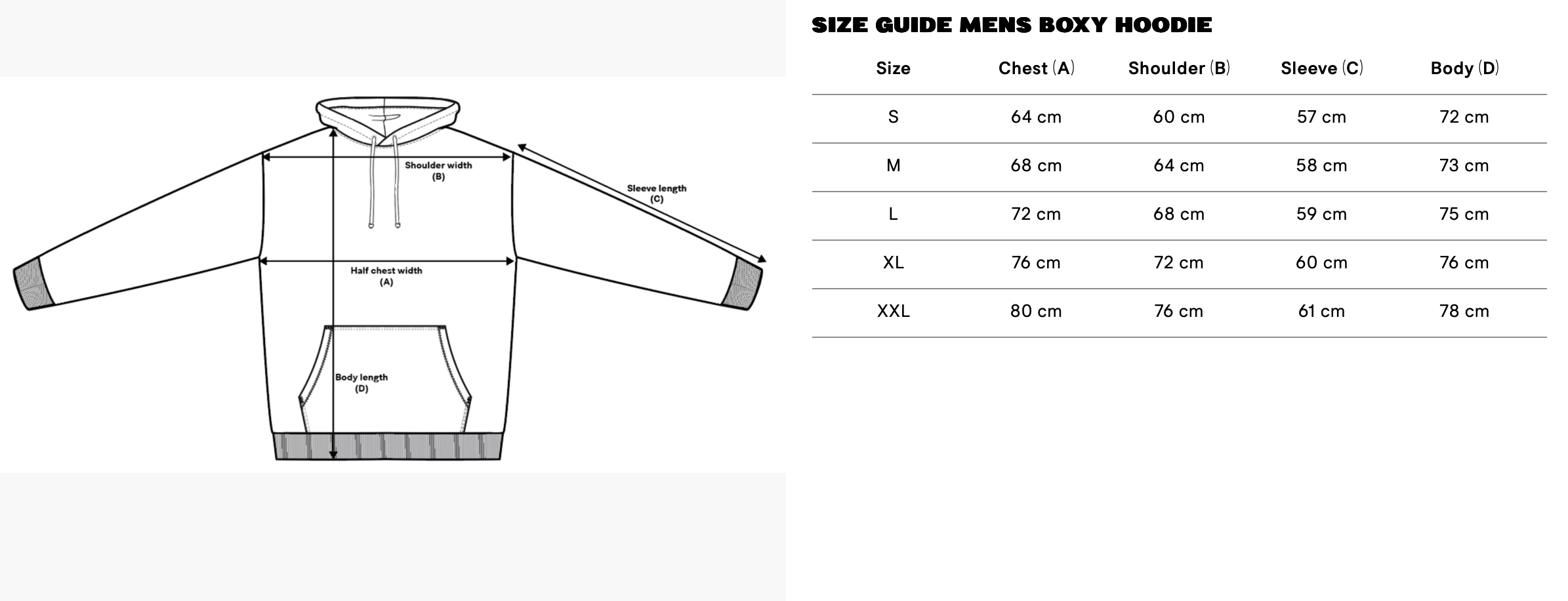 Diagram of a men's boxy hoodie showing measurement points for shoulder width, sleeve length, half chest width, and body length. Size guide chart with chest, shoulder, sleeve, and body measurements for sizes S to XXL.