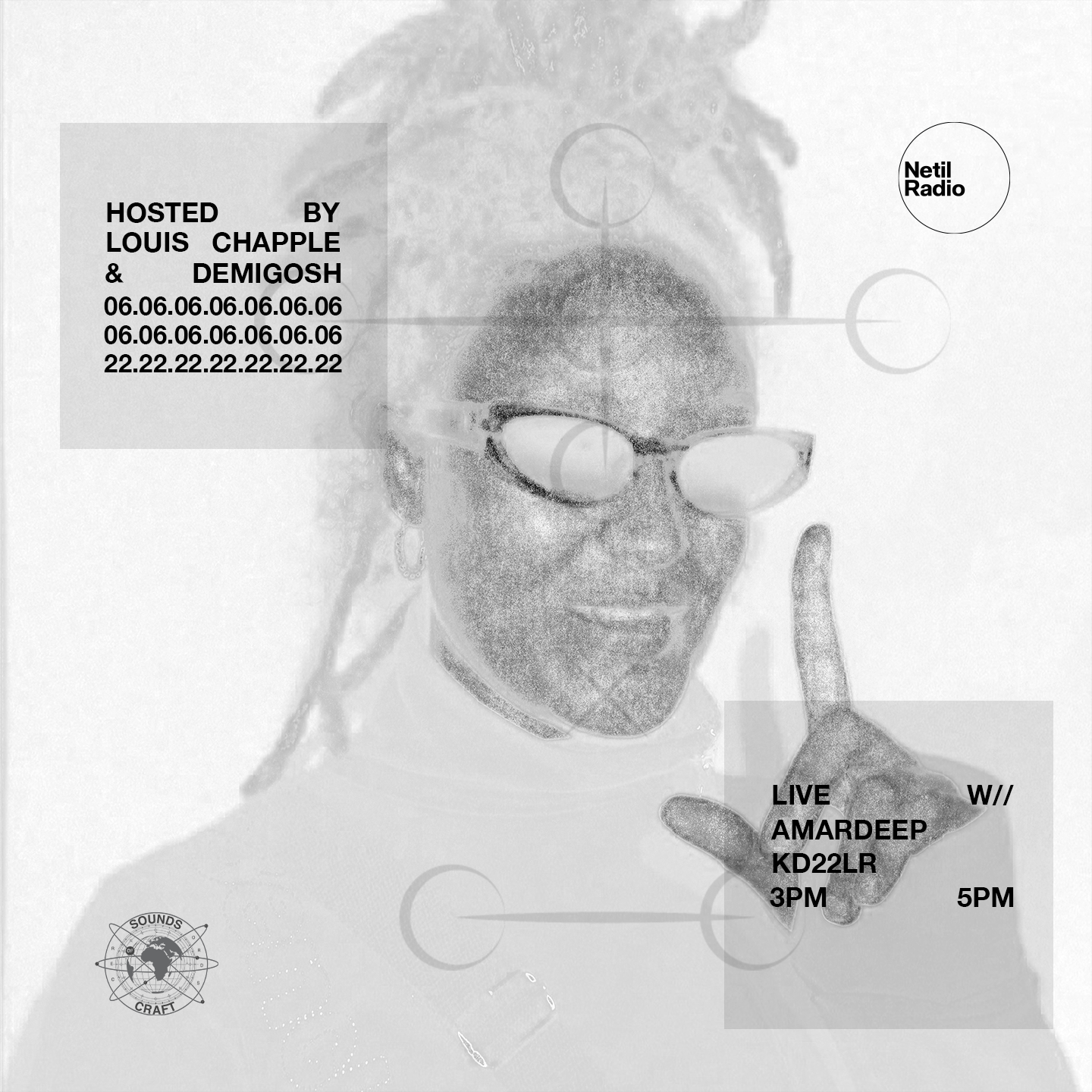 A black and white promotional poster featuring a person wearing sunglasses and making a gesture with their hand. The poster includes text about a radio show hosted by Louis Chapple and Demigosh, with dates and times, along with the name of the radio station, Netil Radio. There is a logo at the bottom left corner that reads 'Sounds Craft' with a globe and sound waves.