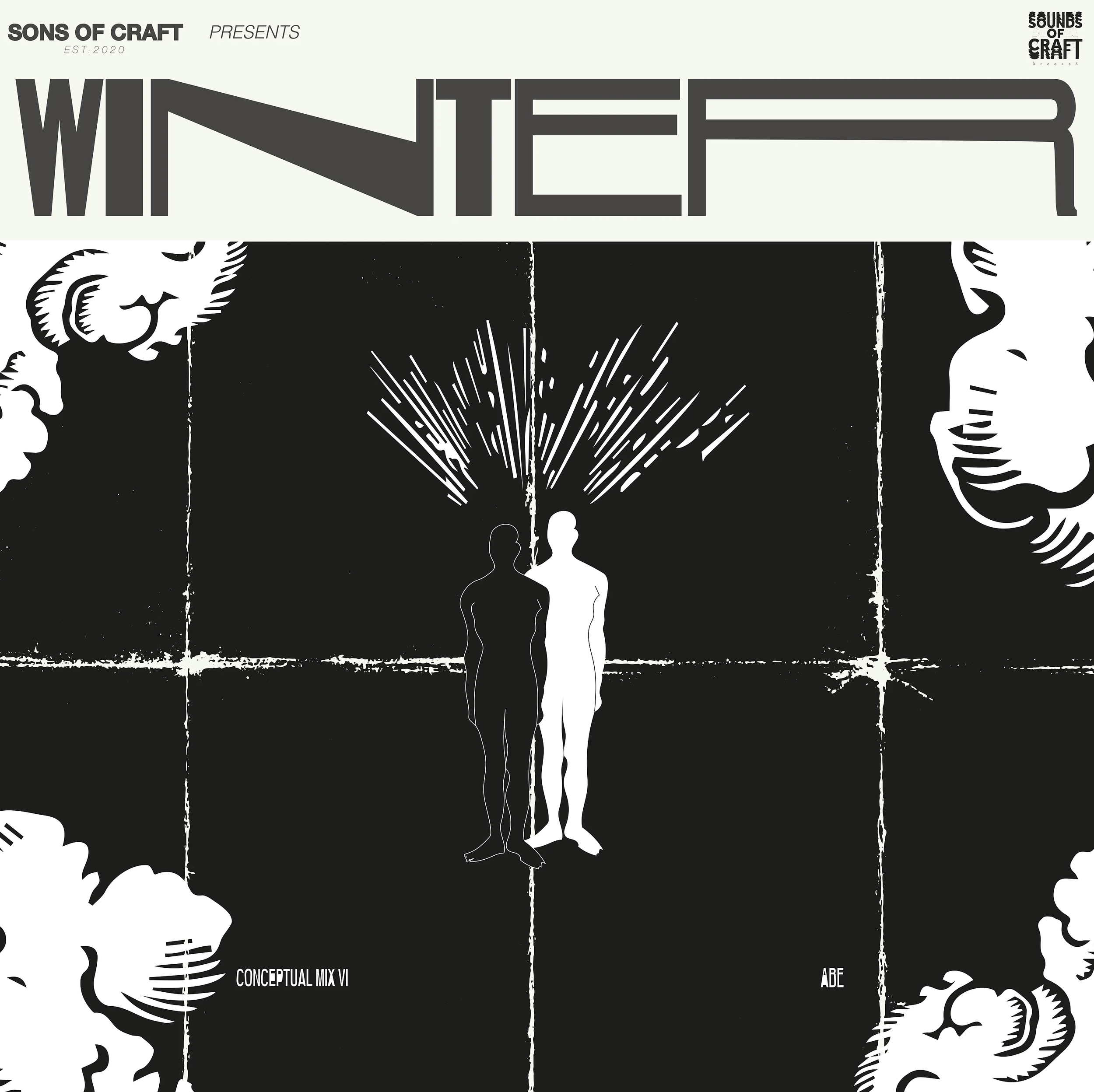 Black and white album artwork featuring a central illustration of two human figures standing side by side with a burst of lines above them, surrounded by stylized cloud and face illustrations. The top left corner has the text 'SONS OF CRAFT PRESENTS' and the word 'WINTER' stylized across the top. Additional text includes 'CONCEPTUAL MIX VI' at the bottom left and 'ABE' at the bottom right.