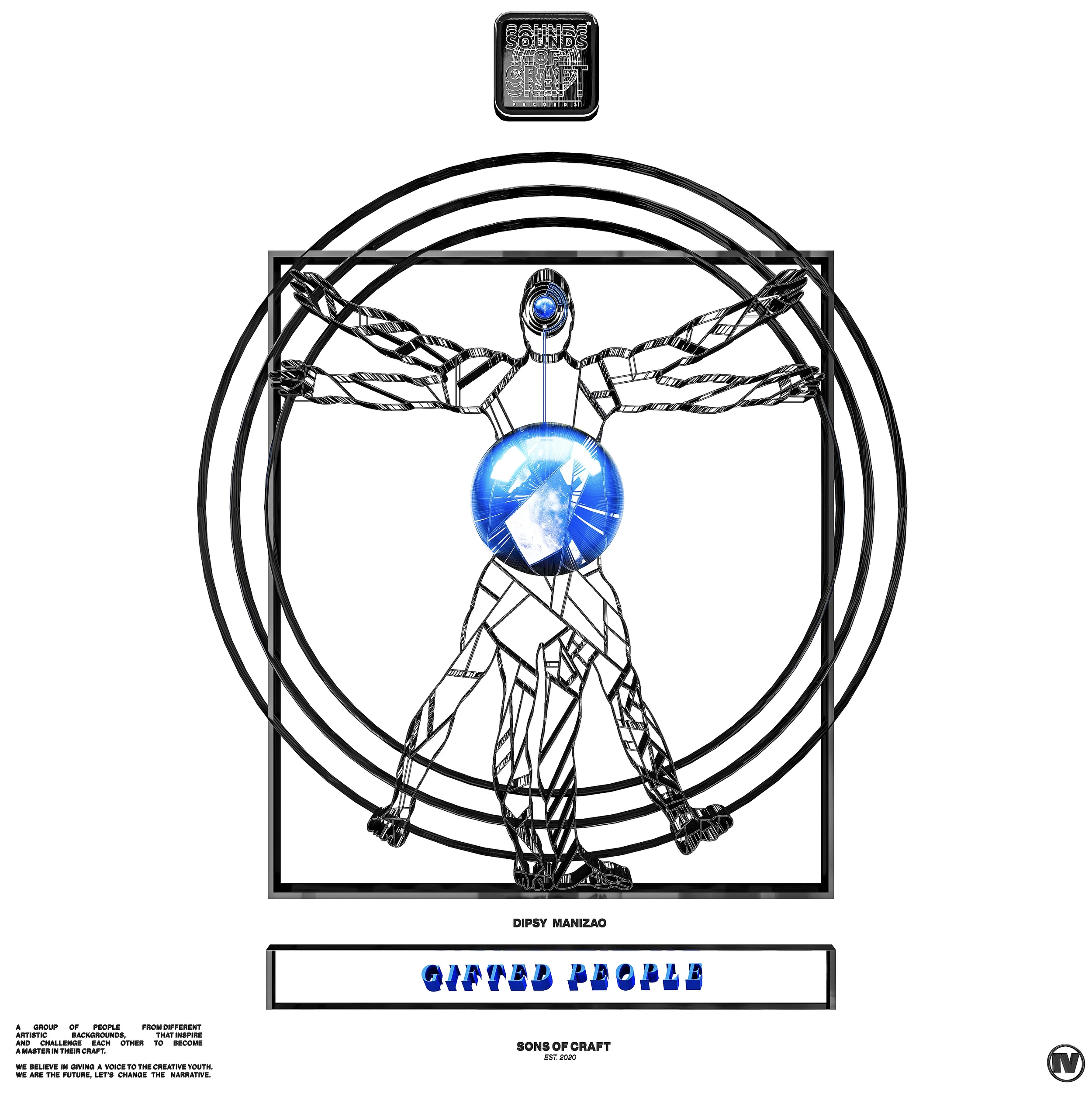 Artwork featuring a stylized human figure with arms outstretched, resembling Leonardo da Vinci's Vitruvian Man, with a modern, abstract design. The figure has blue glowing accents on the head and torso, and is surrounded by concentric circles. There is text at the top that reads "Sounds of Craft" and at the bottom "Giftsed People" and "Sons of Craft." The background is white.