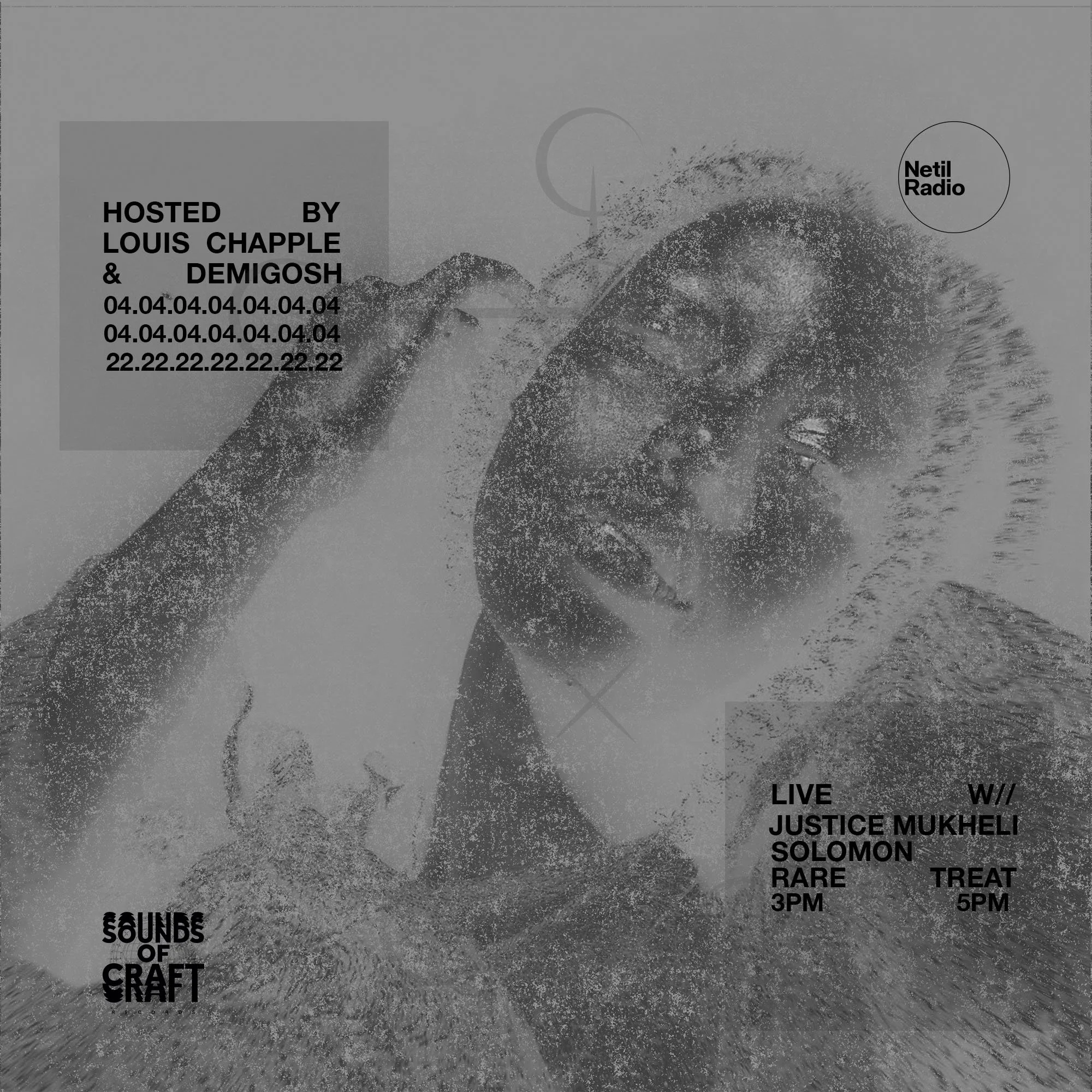 Gray artistic poster for an event featuring a woman with a short curly hairstyle and a person in the background. The poster includes text with details about the event, including host names, dates, times, and performers, with some text in bold and others in smaller font.