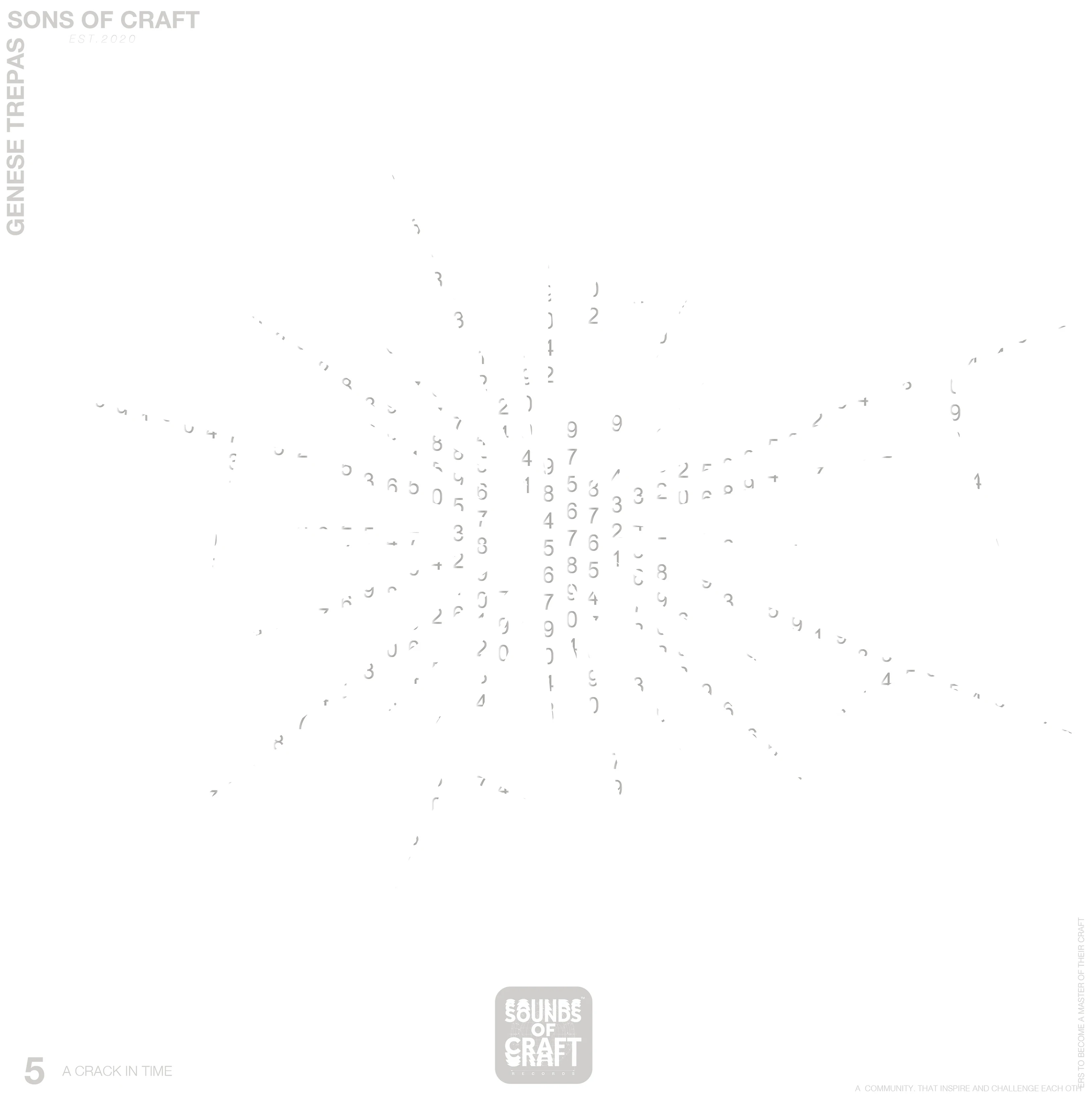 A light-colored abstract graphic with number sequences arranged in a radiating pattern, and text in the borders reading 'SONS OF CRAFT,' 'GENESE TREPAS,' and 'SOUNDS OF CRAFT.'