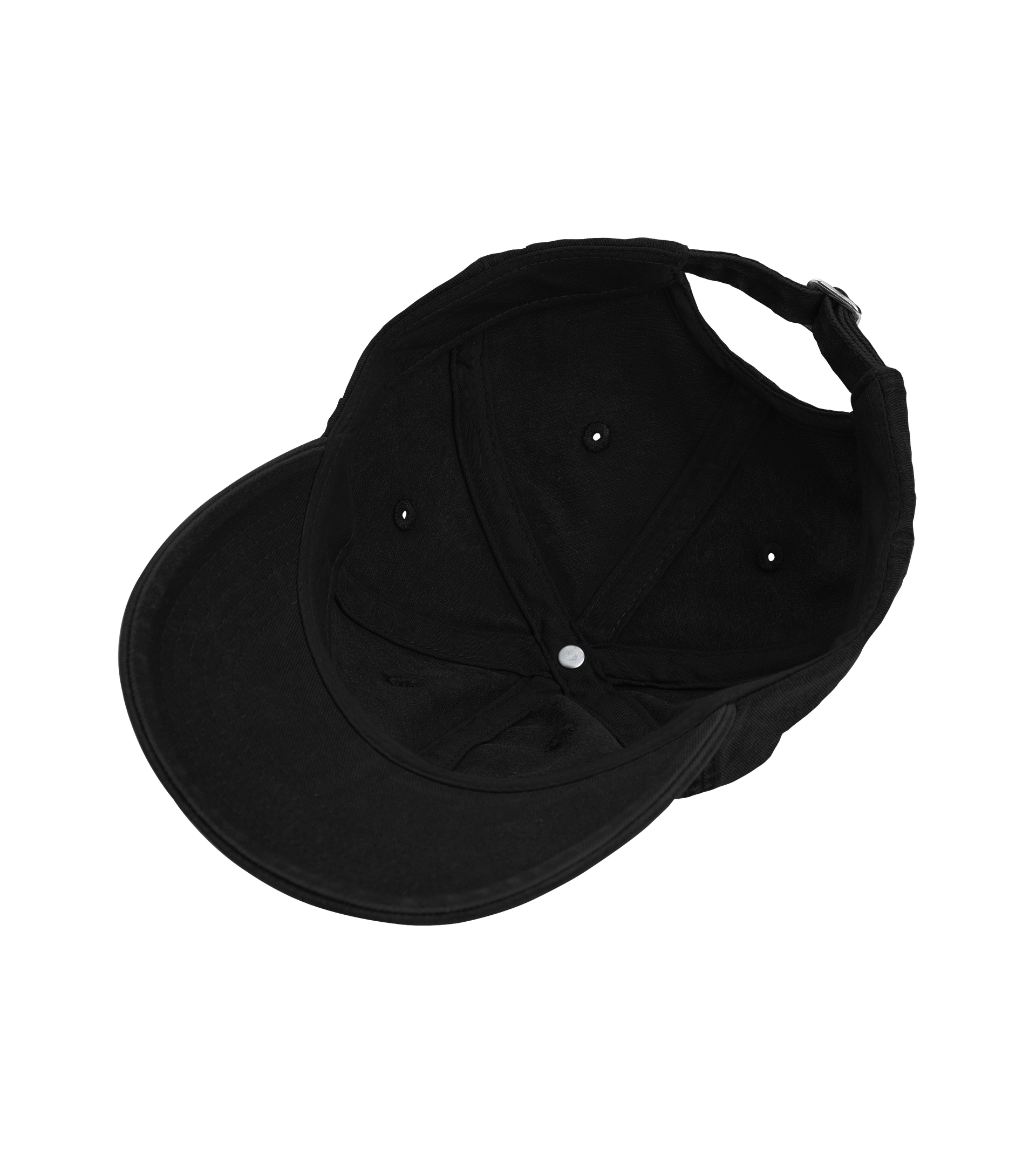 Inside view of an empty black baseball cap turned upside down.