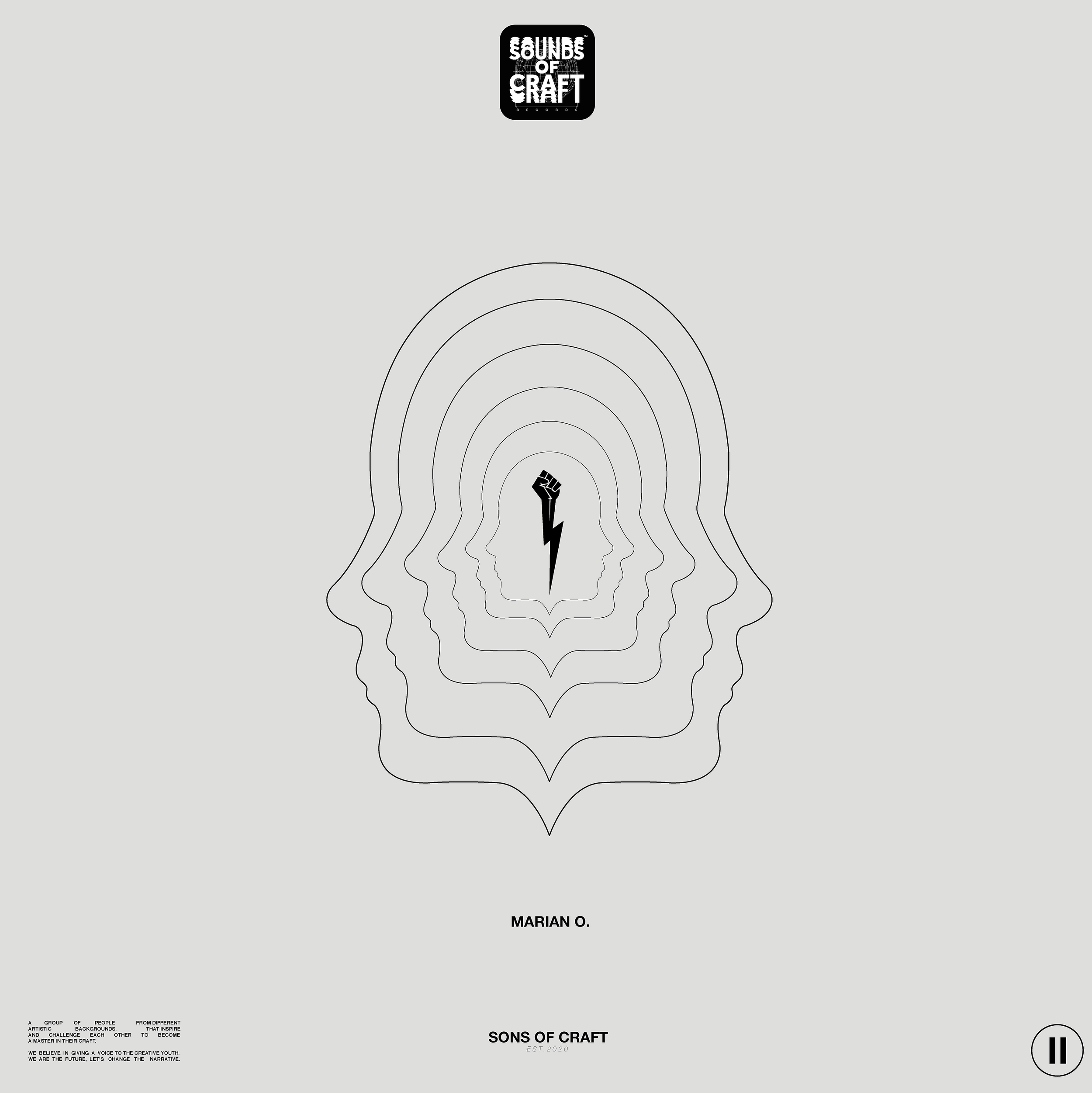 Promotional poster for Sounds of Craft featuring layered silhouettes of human heads with a raised fist and lightning bolt in the center, and text indicating artist Marian O. and group Sons of Craft, established 2020.