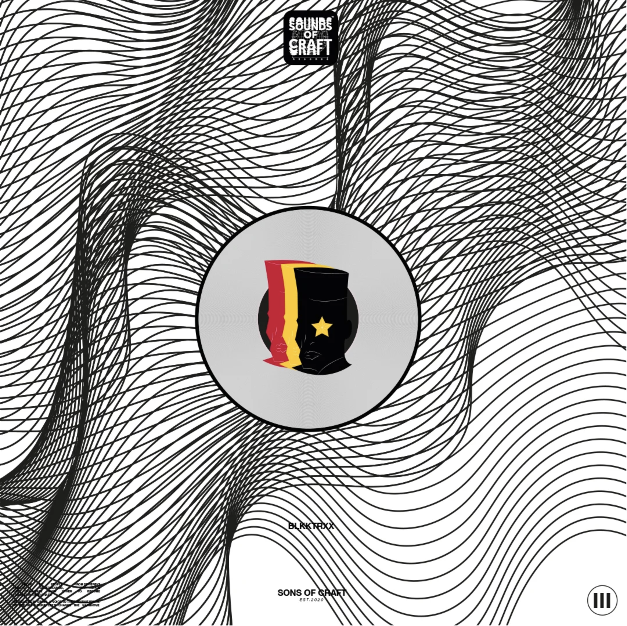 Album cover for 'Sounds of Craft' by Sons of Craft, featuring a black face with a yellow star over one eye, surrounded by red, yellow, and black abstract shapes, on a background of black and white wavy lines.