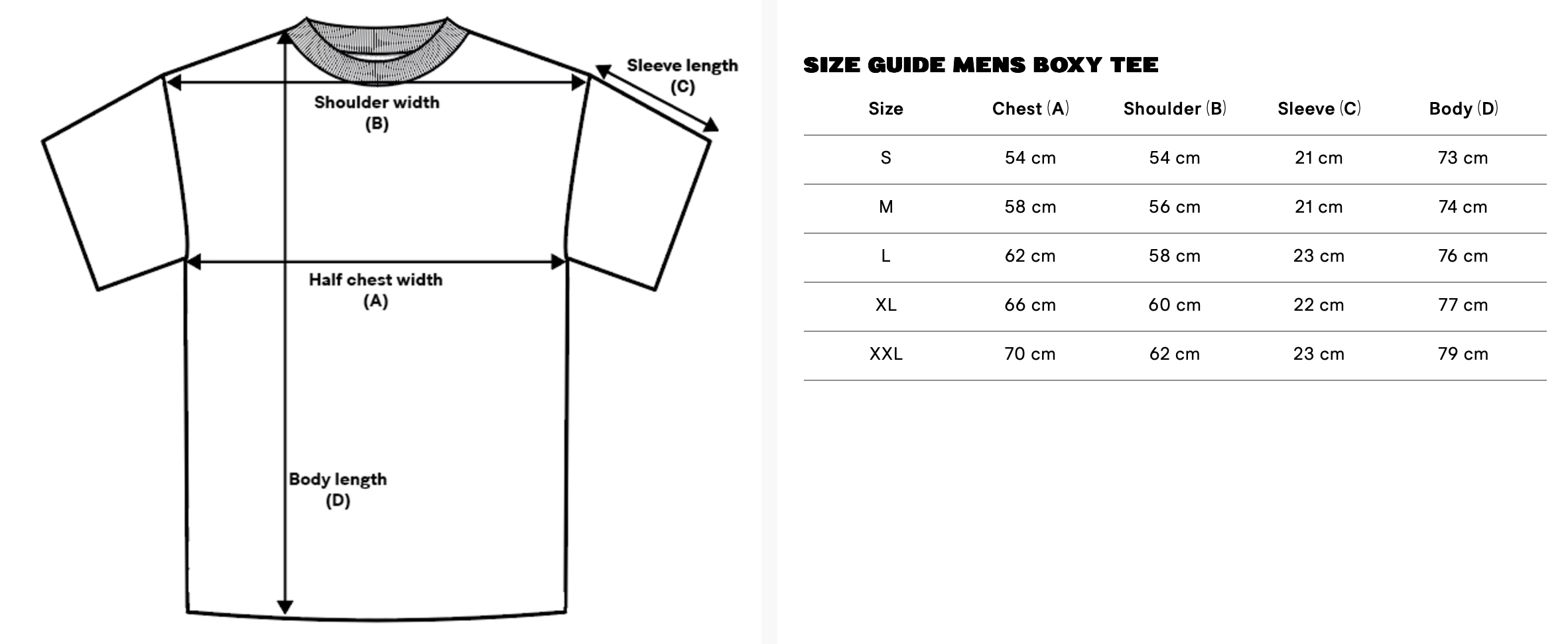 Diagram showing how to measure a men's boxy T-shirt: shoulder width, half chest width, sleeve length, and body length, with a corresponding size guide chart from small to XXL.