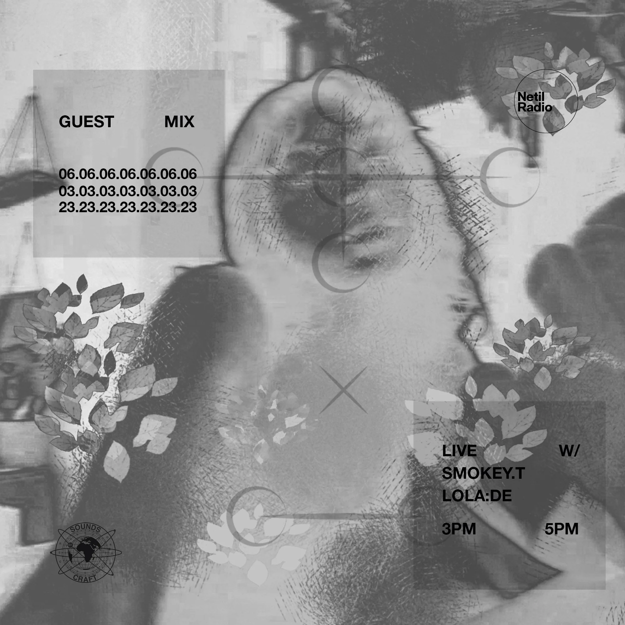 A black and white photo of a woman with glasses, surrounded by graphic elements and text announcing a radio show or event, including details like guest names, times, and station information.